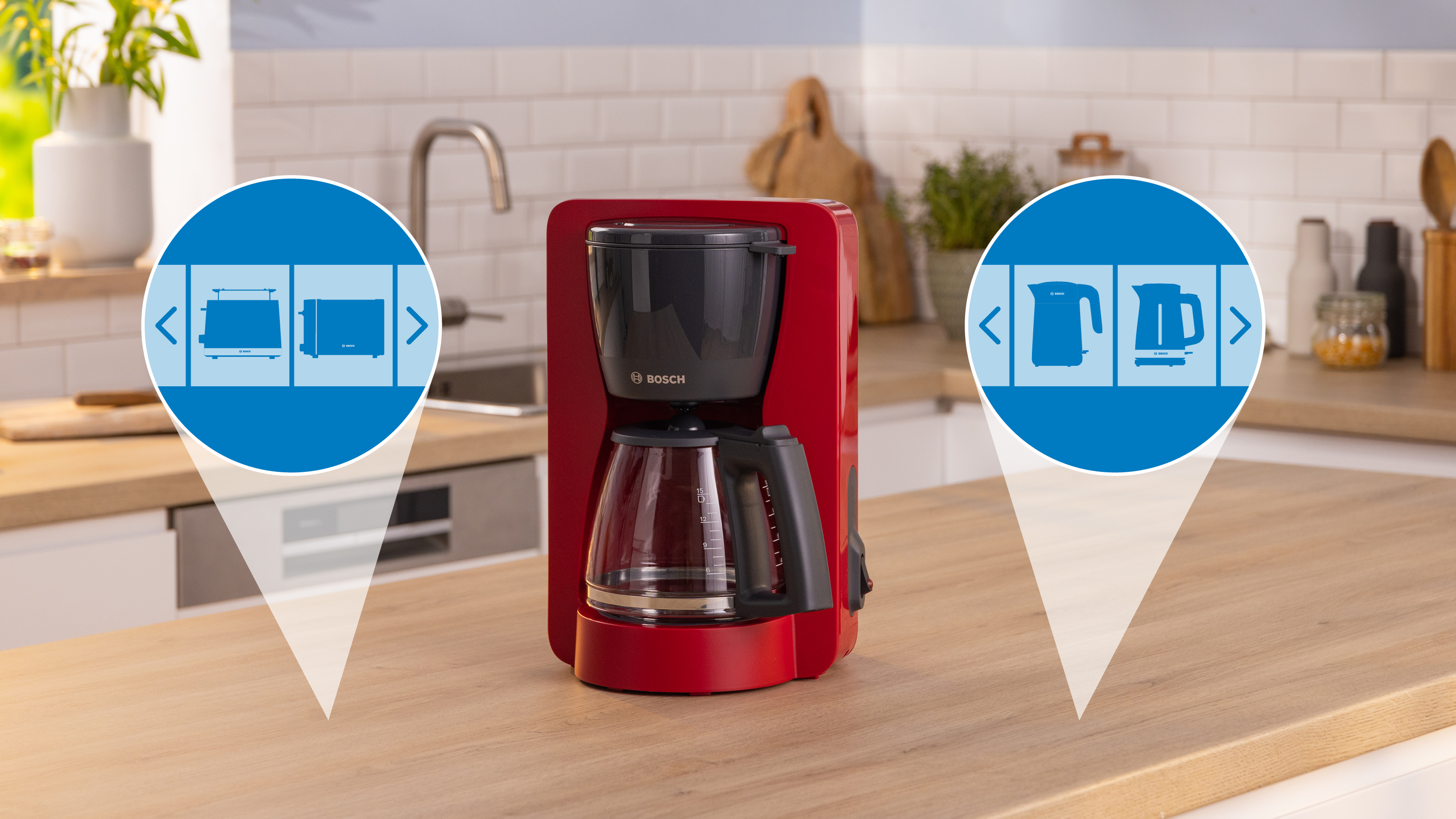 Roter Kaffeemaschine mit Glaskaraffe. Symbole für Geräte erscheinen links und rechts.