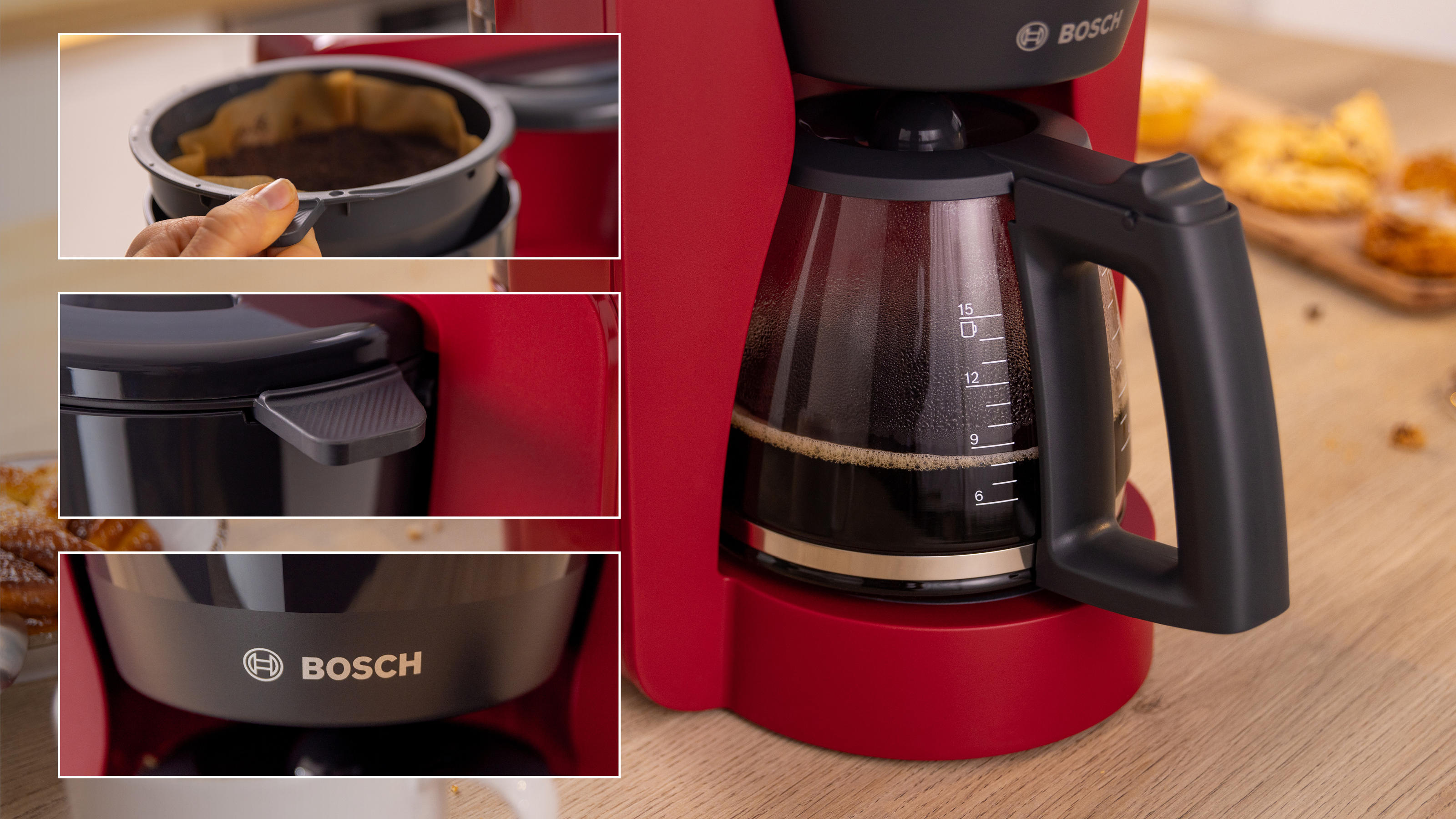 Eine rote Kaffeemaschine mit Kaffee in der Glaskaraffe. Mehrere Detailaufnahmen zeigen den Filter und das Logo.