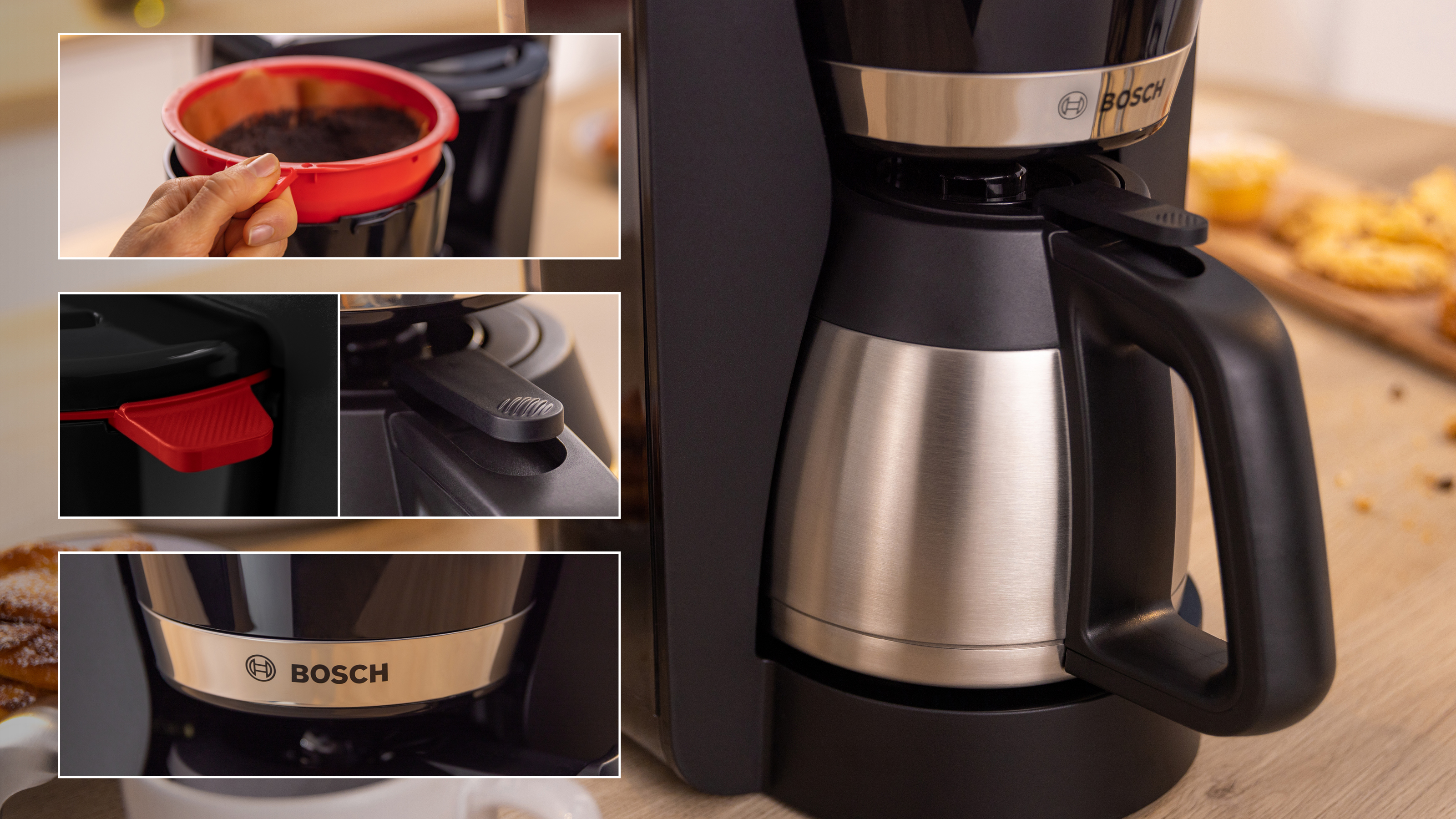 Eine Bosch-Kaffeemaschine mit Nahaufnahmen: Filter, roter Hebel, Karaffe und Bosch-Logo.