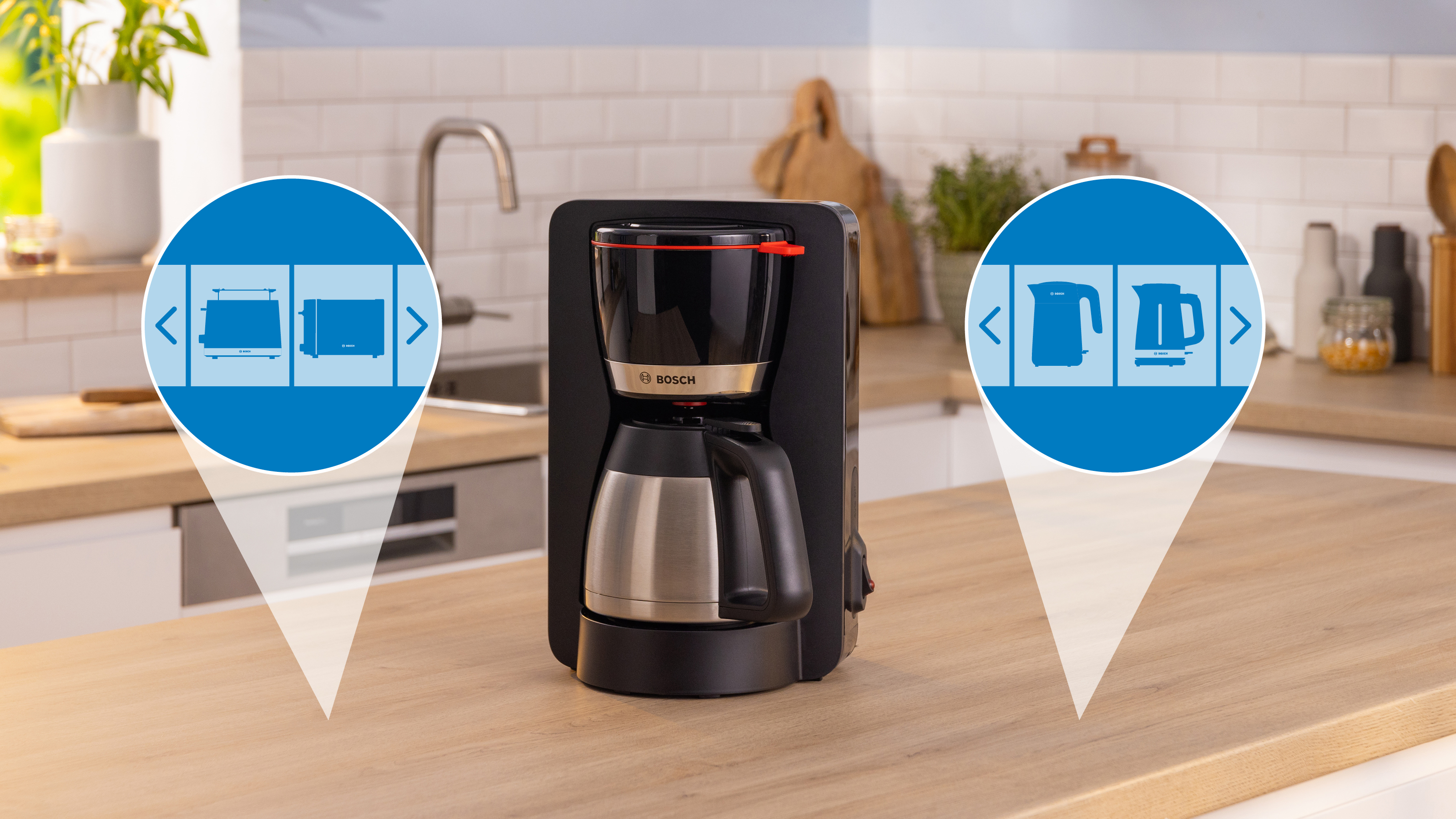 Kaffeemaschine mit zwei Symbolen. Küchenhintergrund.