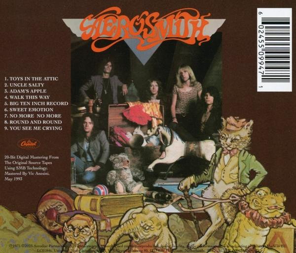 Die Rückseite eines Aerosmith-Albumcovers mit der Band und einer Cartoon-Illustration.