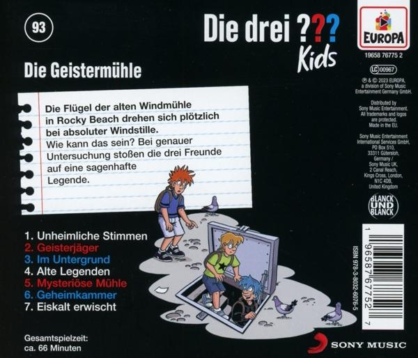 Cover eines Die drei ??? Kids Buches. Illustration von Kindern mit einer gruseligen Mühle und Text.