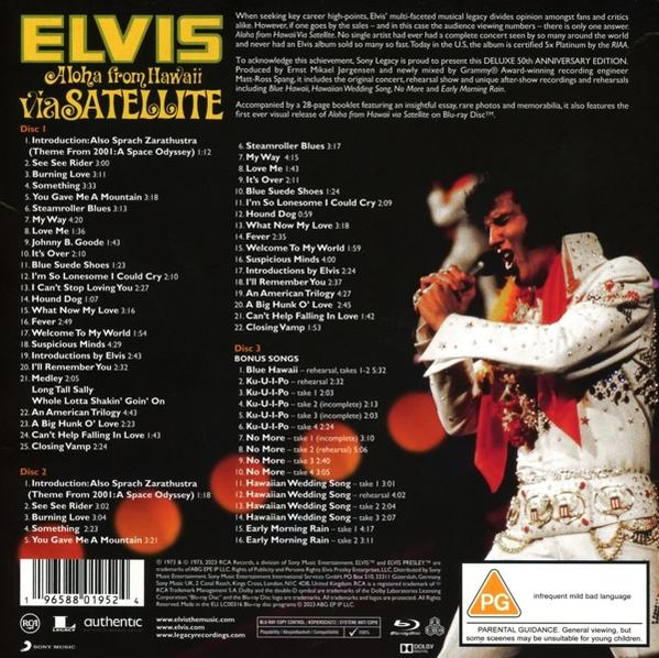 Das Albumcover von Elvis Presleys 'Aloha from Hawaii via Satellite', mit Text und Bildern.
