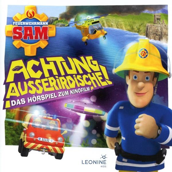 DVD-Cover: Feuerwehrmann Sam Cartoon. Ein Hubschrauber und ein Feuerwehrauto in der Szene.