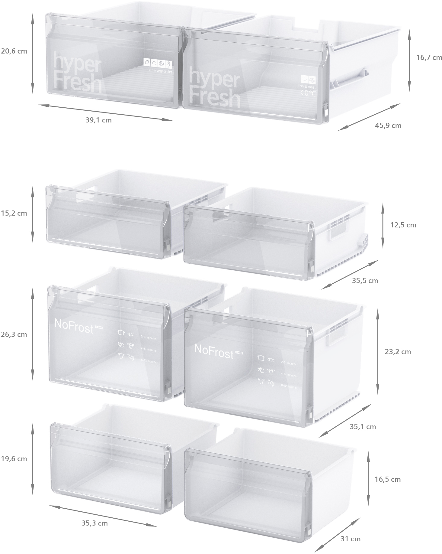 Ein Satz Kühlschrank-Schubladen mit Abmessungen, beschriftet mit 'hyperFresh' und 'NoFrost'.