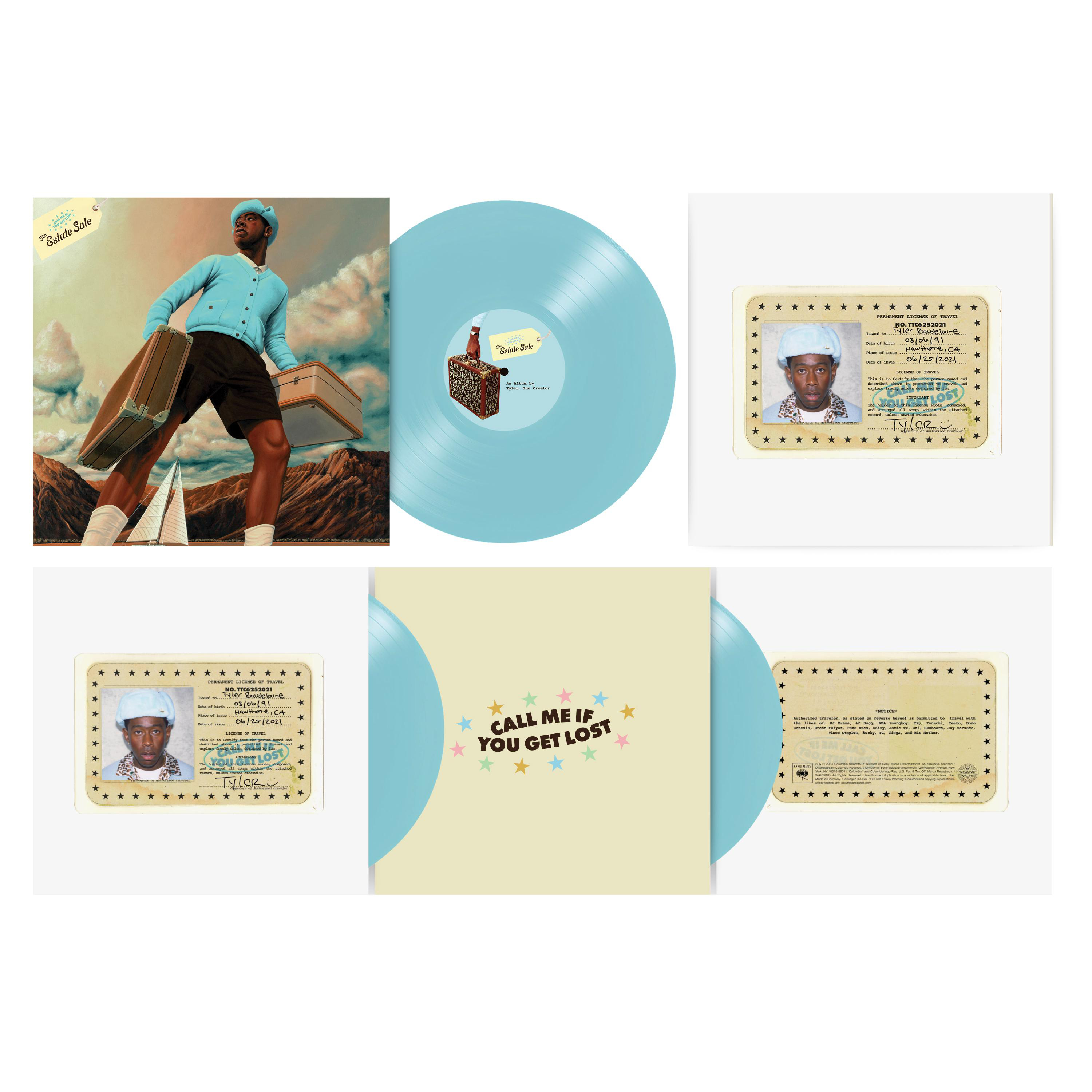 Albumcover und Vinylplatten mit Künstlerbildern. Hellblaue Vinyls und Albumcover mit Himmelsbild.