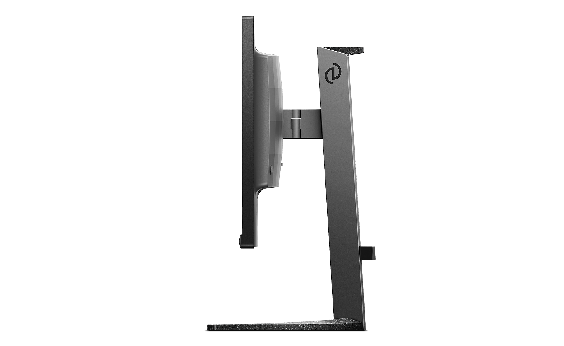 Seitenansicht eines Computermonitors mit Ständer auf schwarzem Hintergrund.