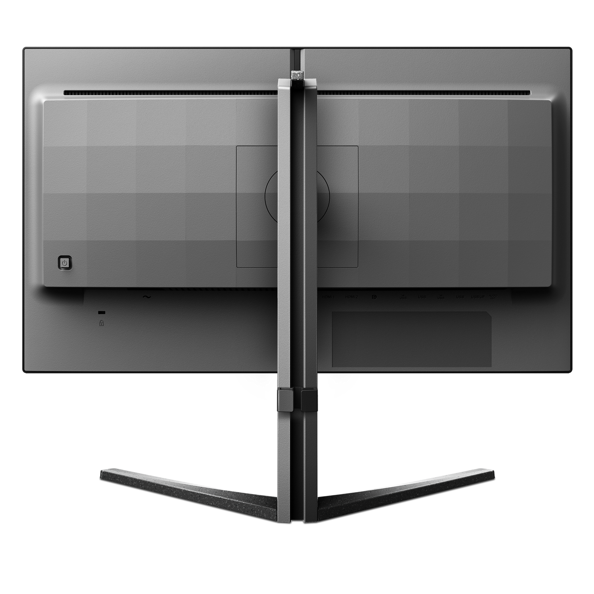 Rückseite eines Computermonitors mit Ständer, zeigt Anschlüsse und Einschaltknopf.