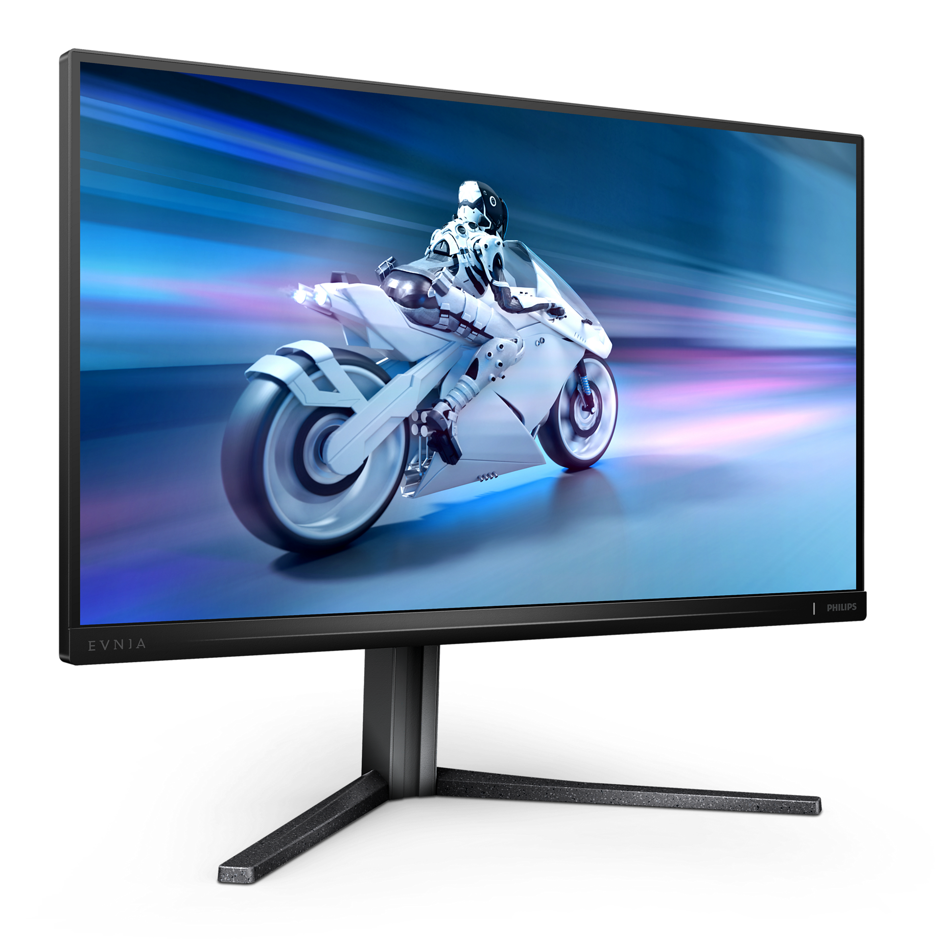 Computermonitor, der ein Motorrad auf einer Rennstrecke zeigt. Es hat einen Fahrer.
