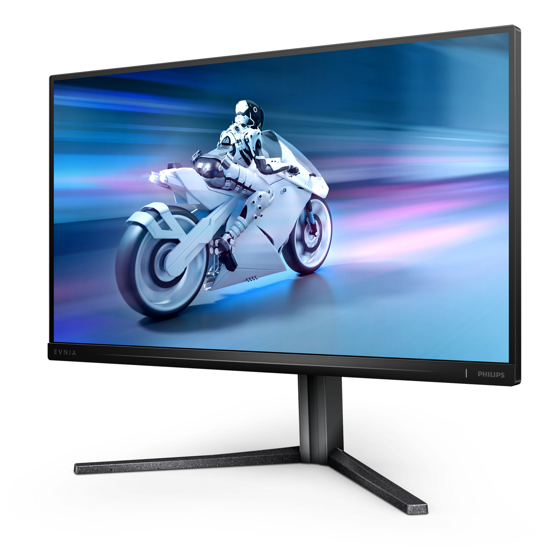 Ein schwarzer Computermonitor, der eine futuristische Szene eines Motorrads und Fahrers zeigt.