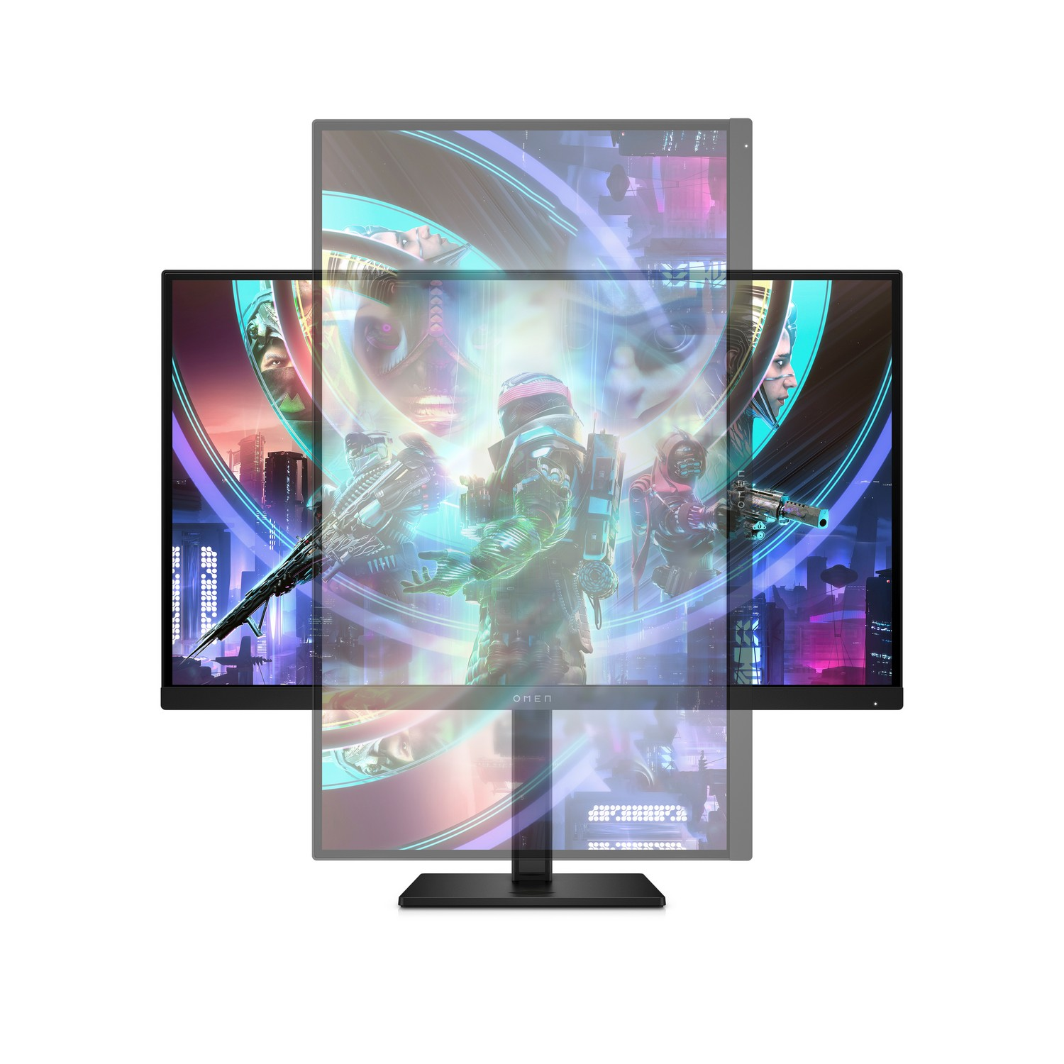 A gaming monitor with game imagery displayed and an additional three monitors ghosted behind it.