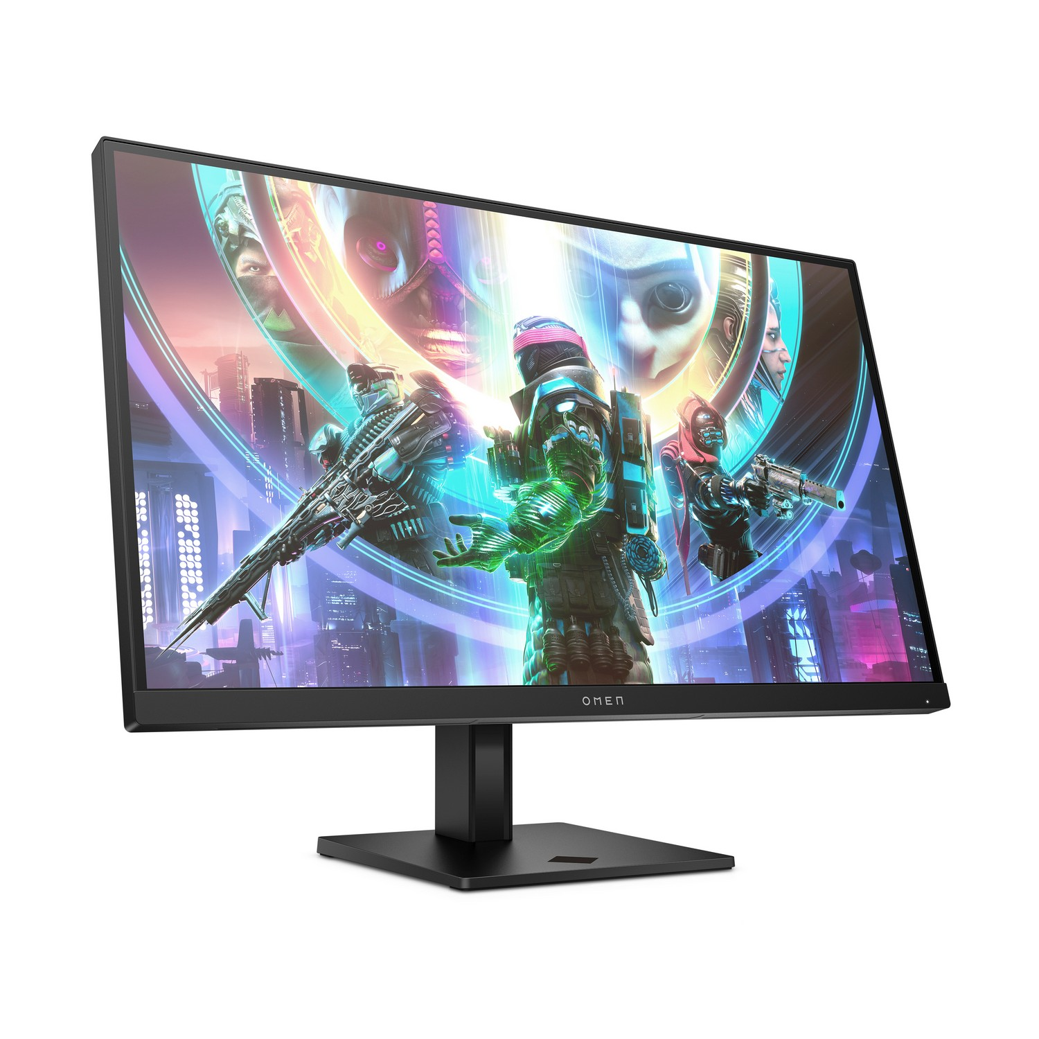 A gaming monitor with a game scene with people holding guns on it.