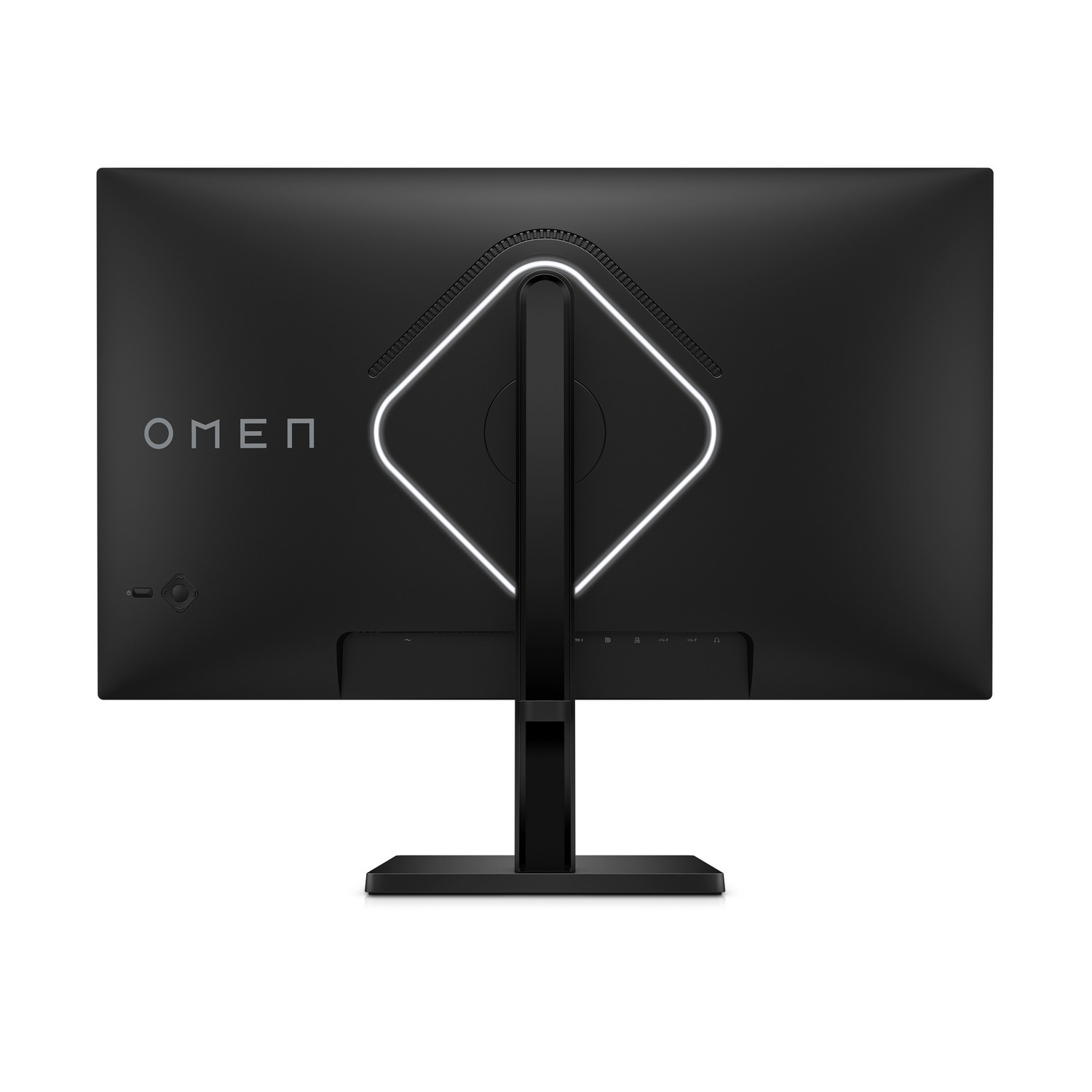 Back of a black computer monitor, with the OMEN logo and a stand.