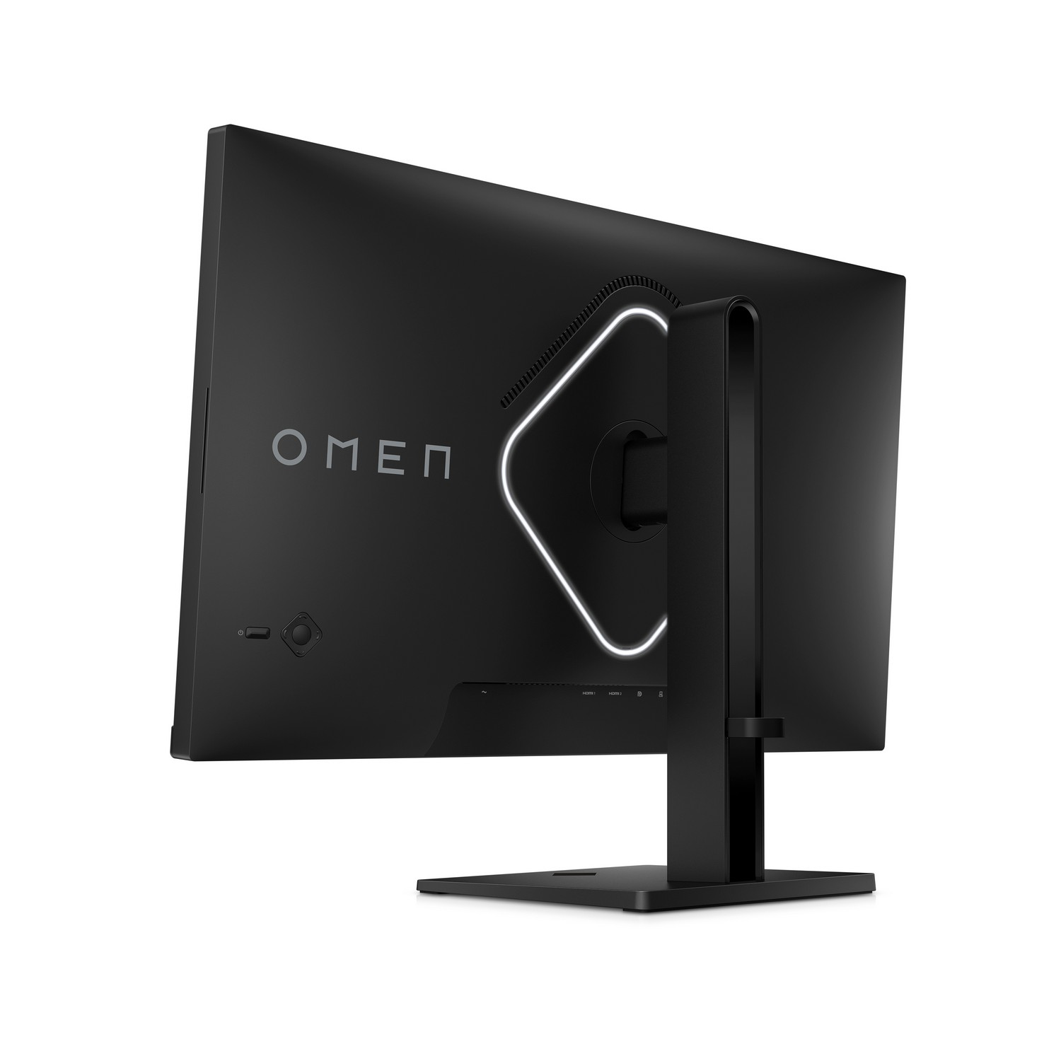 Black computer monitor rear view. OMEN logo and stand visible.