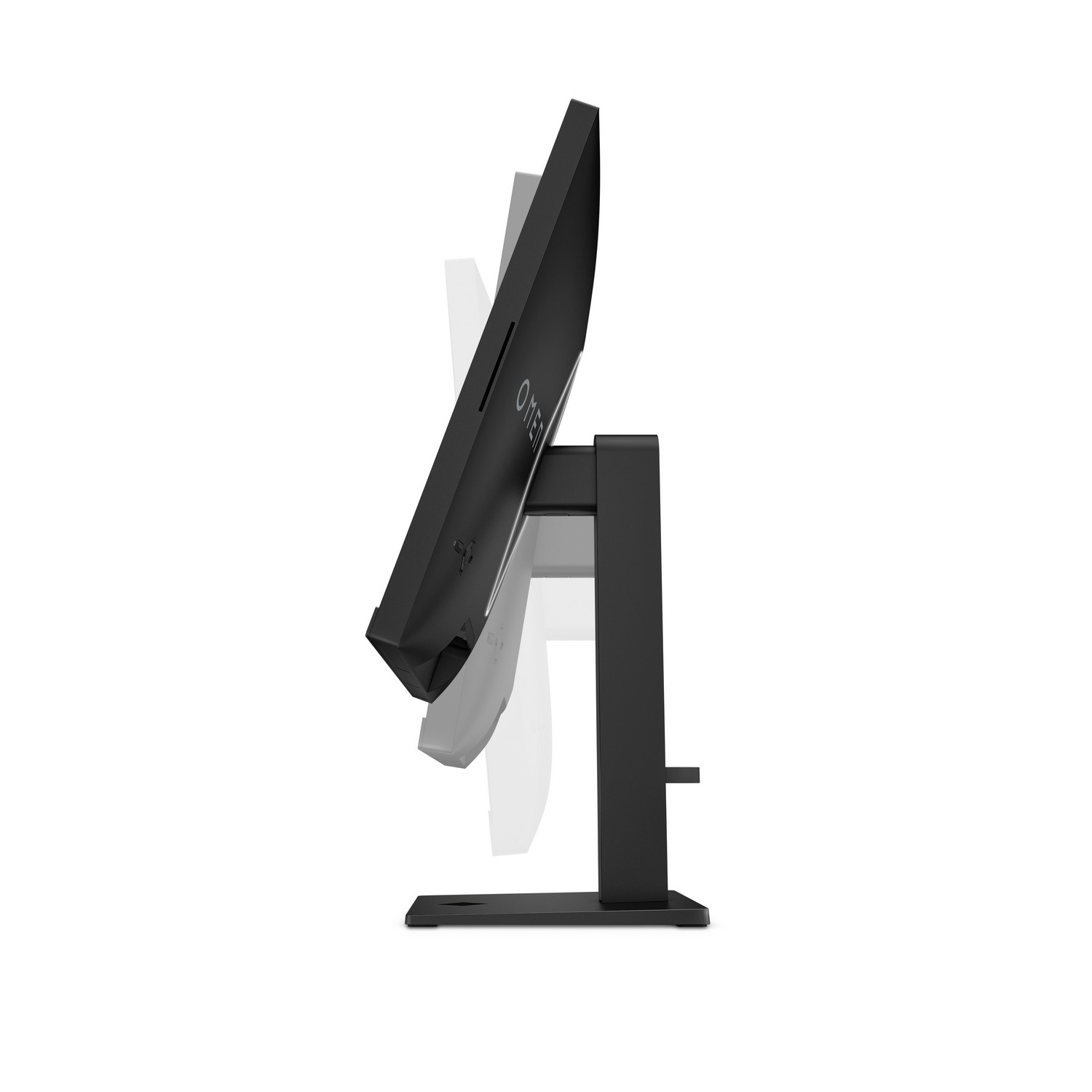 A black OMEN computer monitor, tilted, on a black stand, against a white background.
