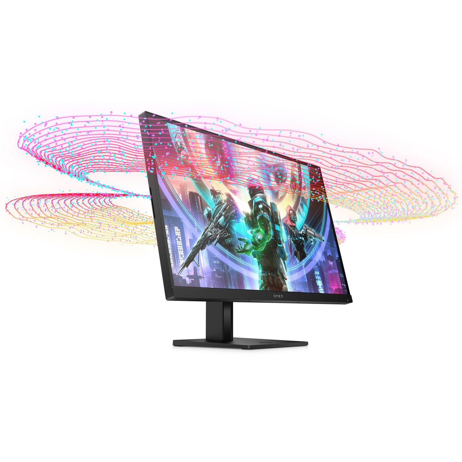 Black gaming monitor displays a colorful game scene. Abstract lines flow from the top.