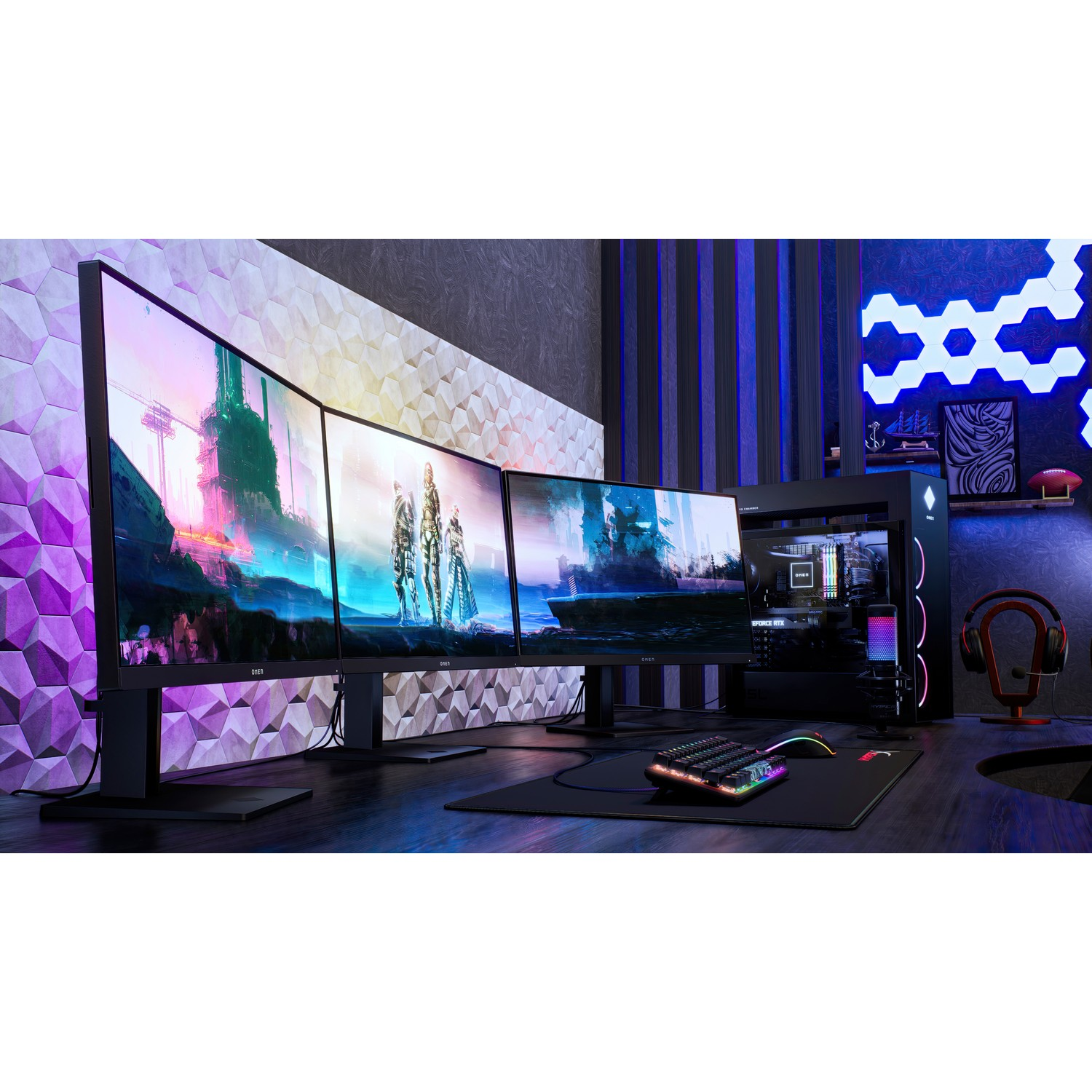 Three computer monitors set up on a desk with a gaming setup.