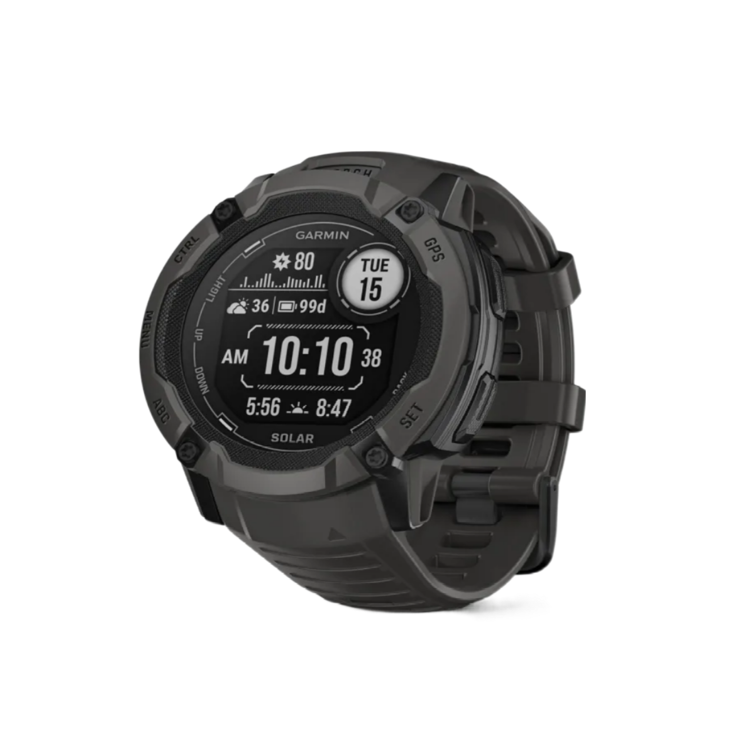 Zwart Garmin horloge met digitaal display, tegen een donkere achtergrond.