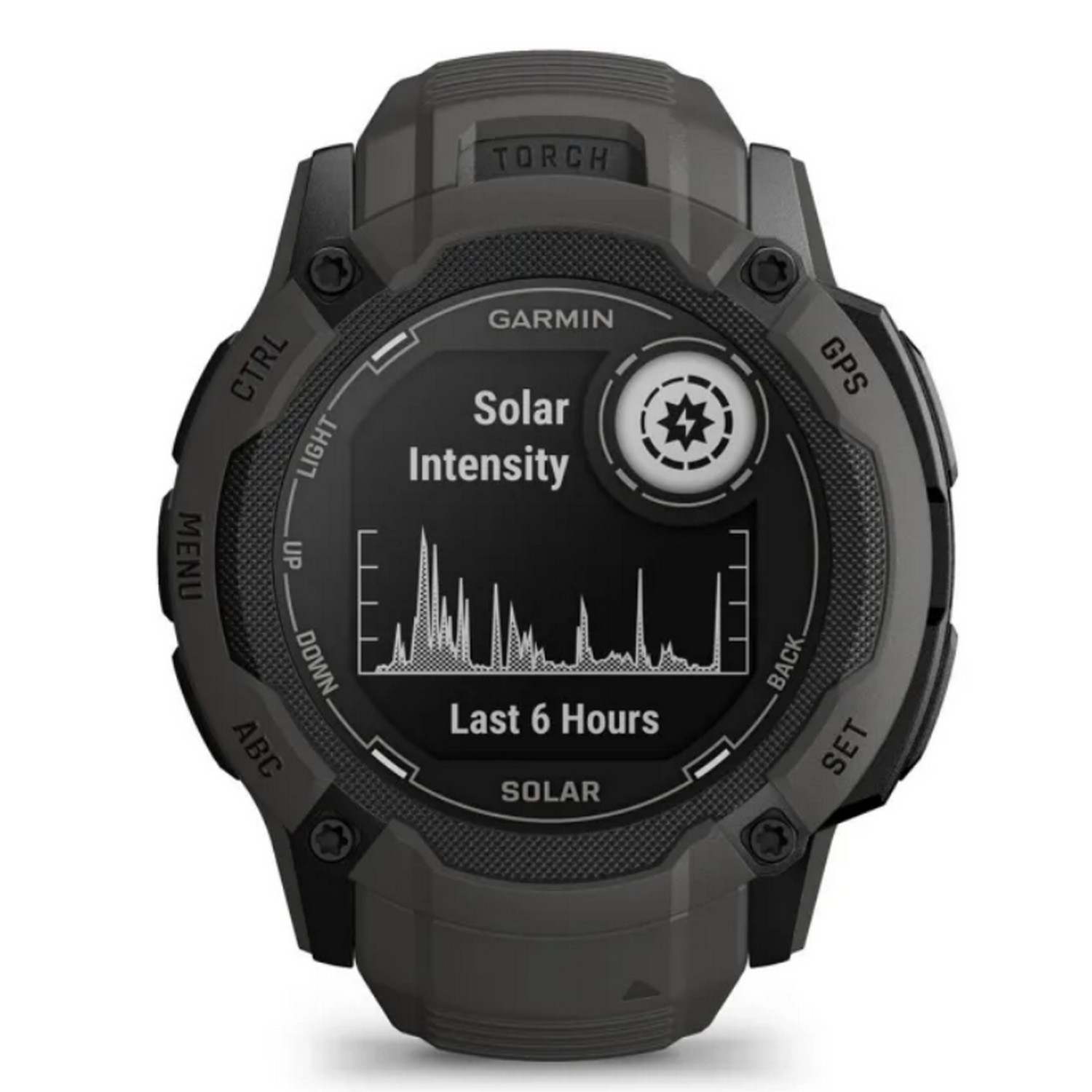 Een Garmin Instinct Solar-horloge, met een zwarte kast, een digitaal display met de zonintensiteit.