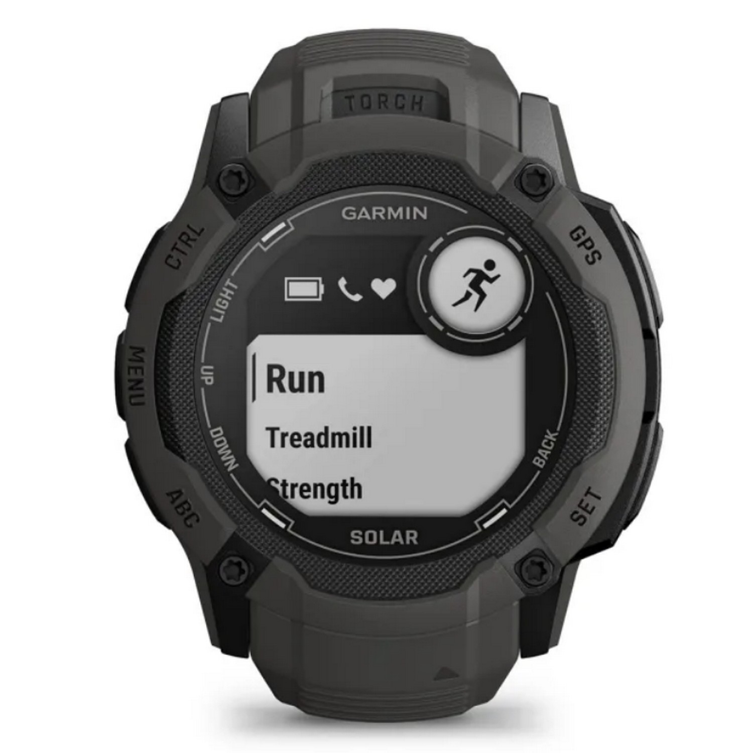 Een donkergrijze Garmin smartwatch, display toont hardloop-, loopband-, krachtopties en andere functies.