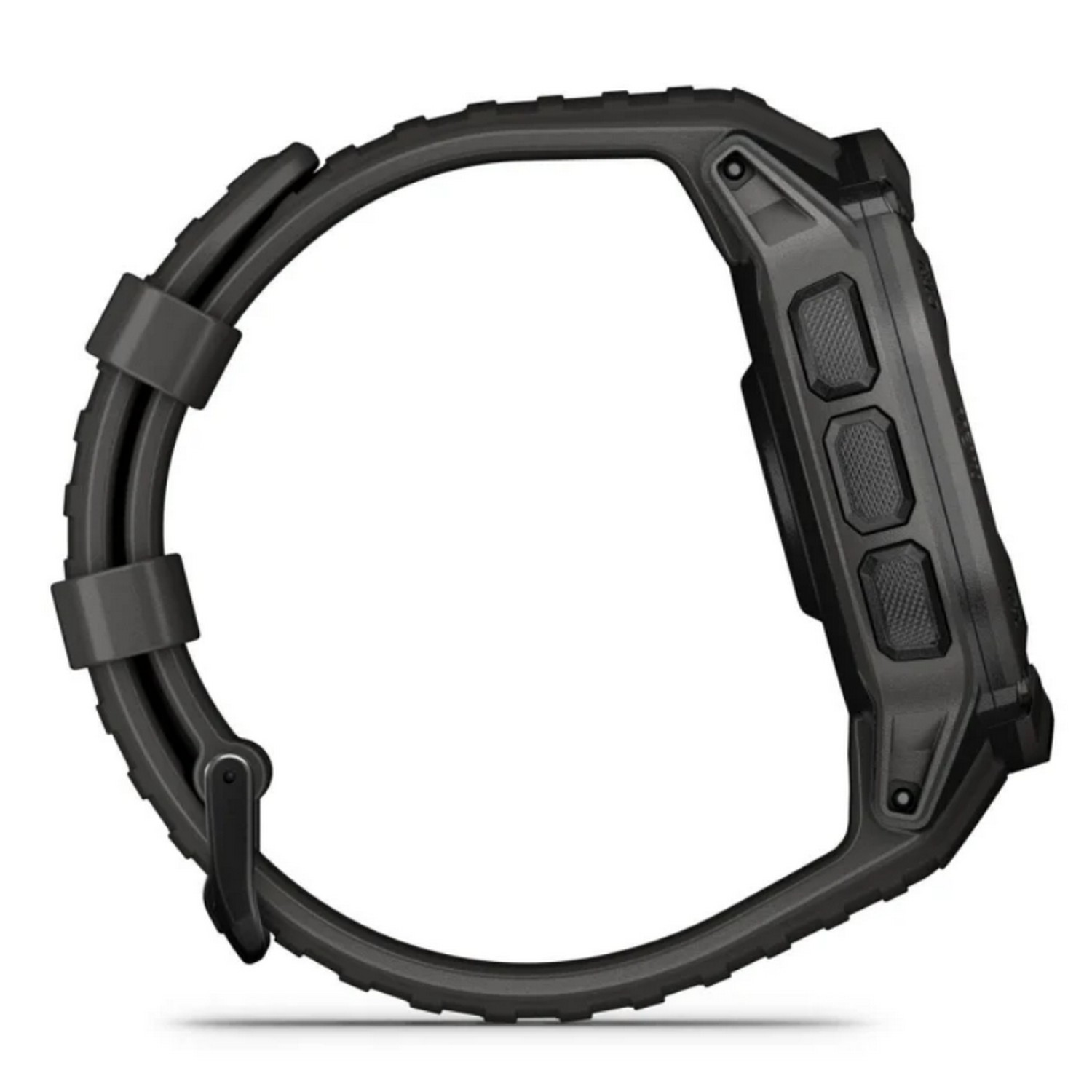 Een zijaanzicht van een zwarte Garmin smartwatch met zwarte band, op een witte achtergrond.