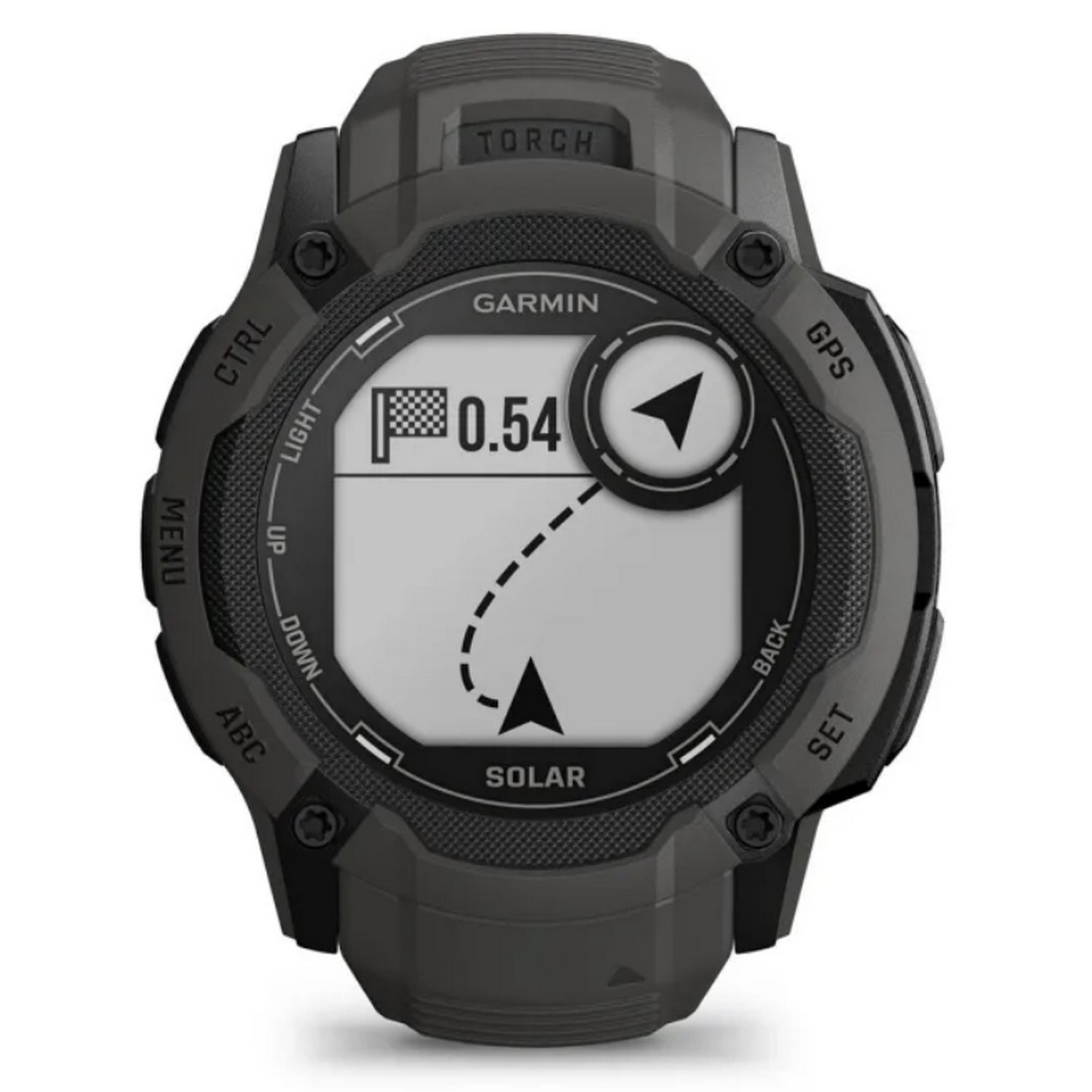 Donkergrijze smartwatch met een digitaal display dat een routekaart toont.