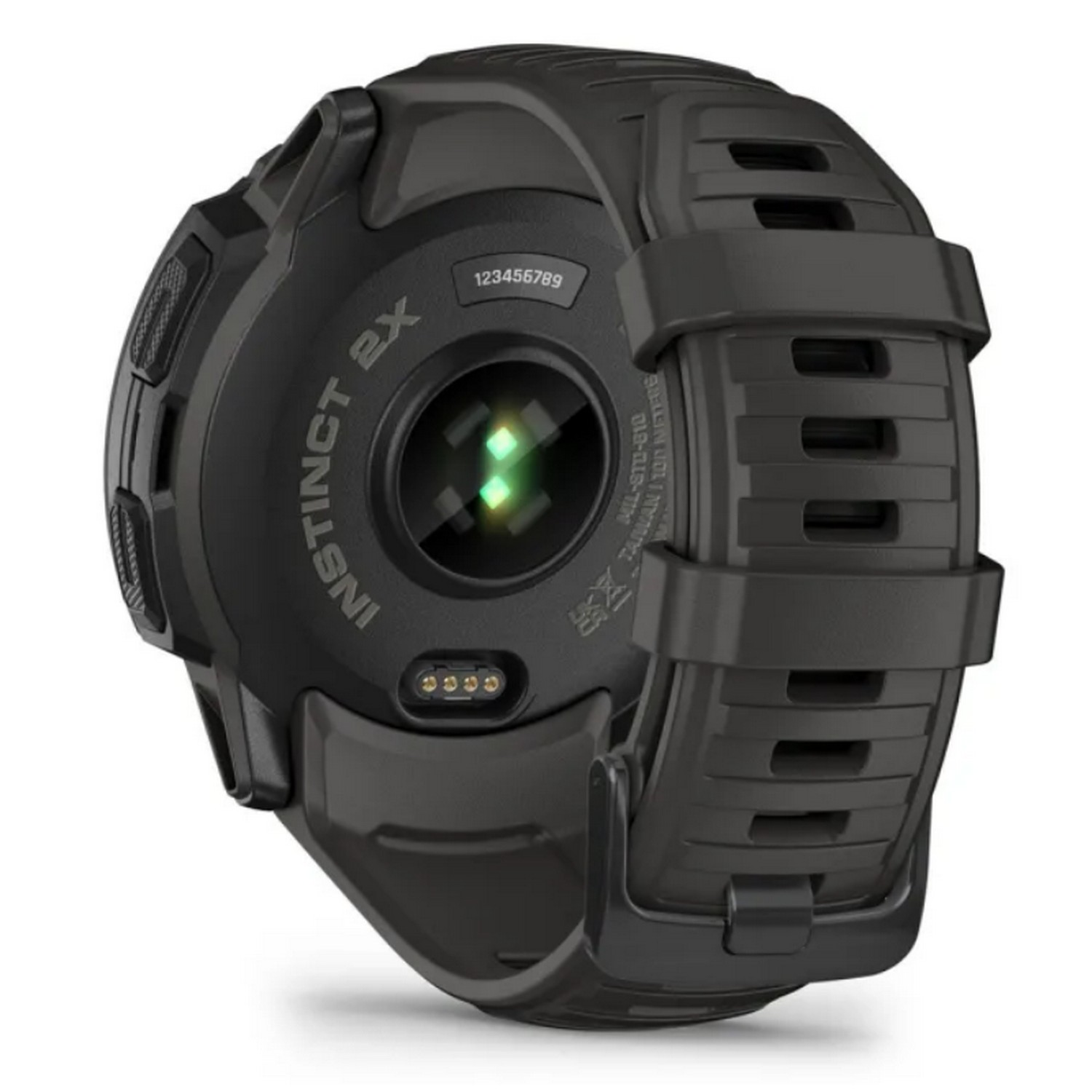Zwarte smartwatch van de achterkant. Toont hartslagsensor en een bandje.