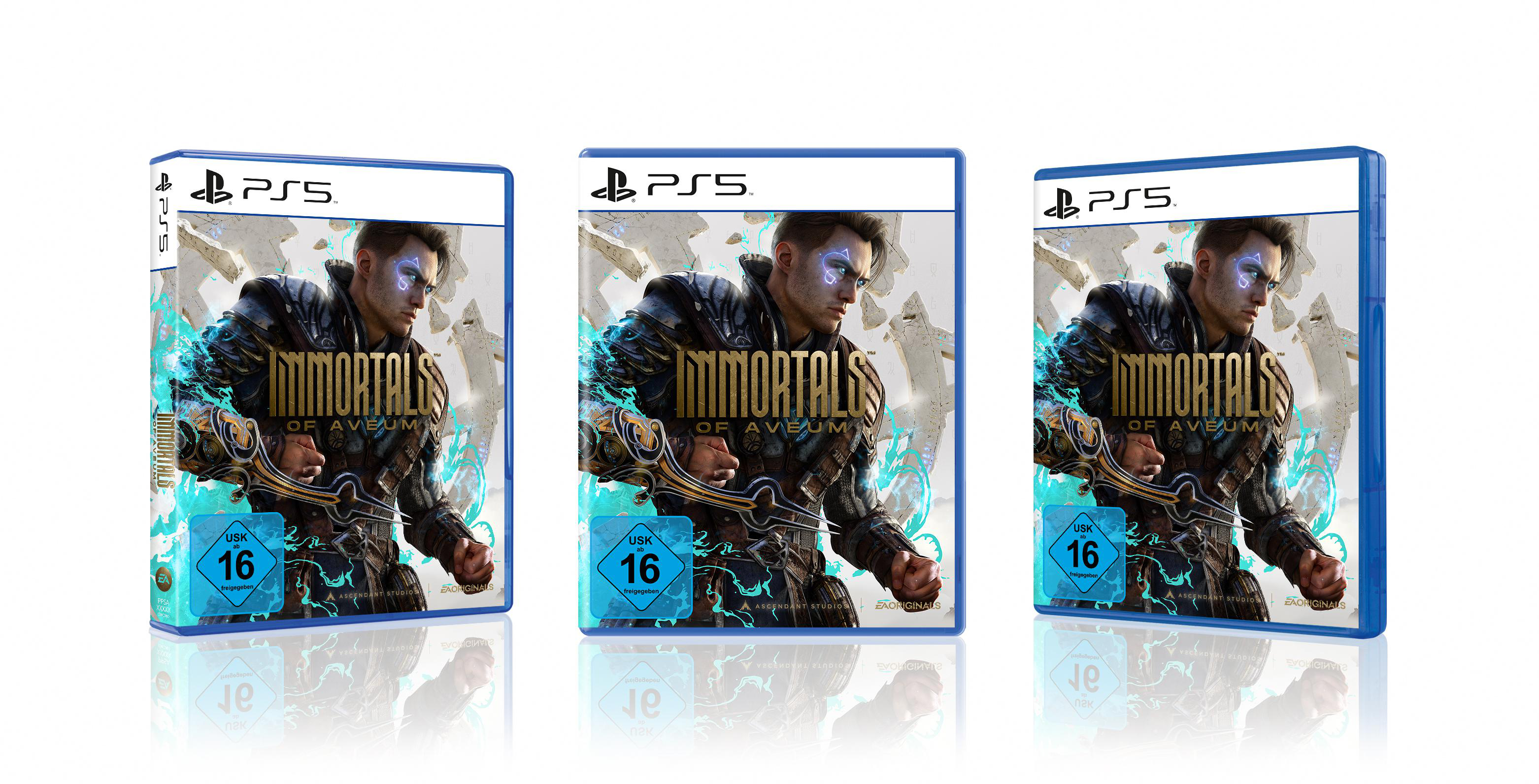 Drei PS5-Spielhüllen, die das Spiel 'Immortals of Aveum' zeigen, nebeneinander.