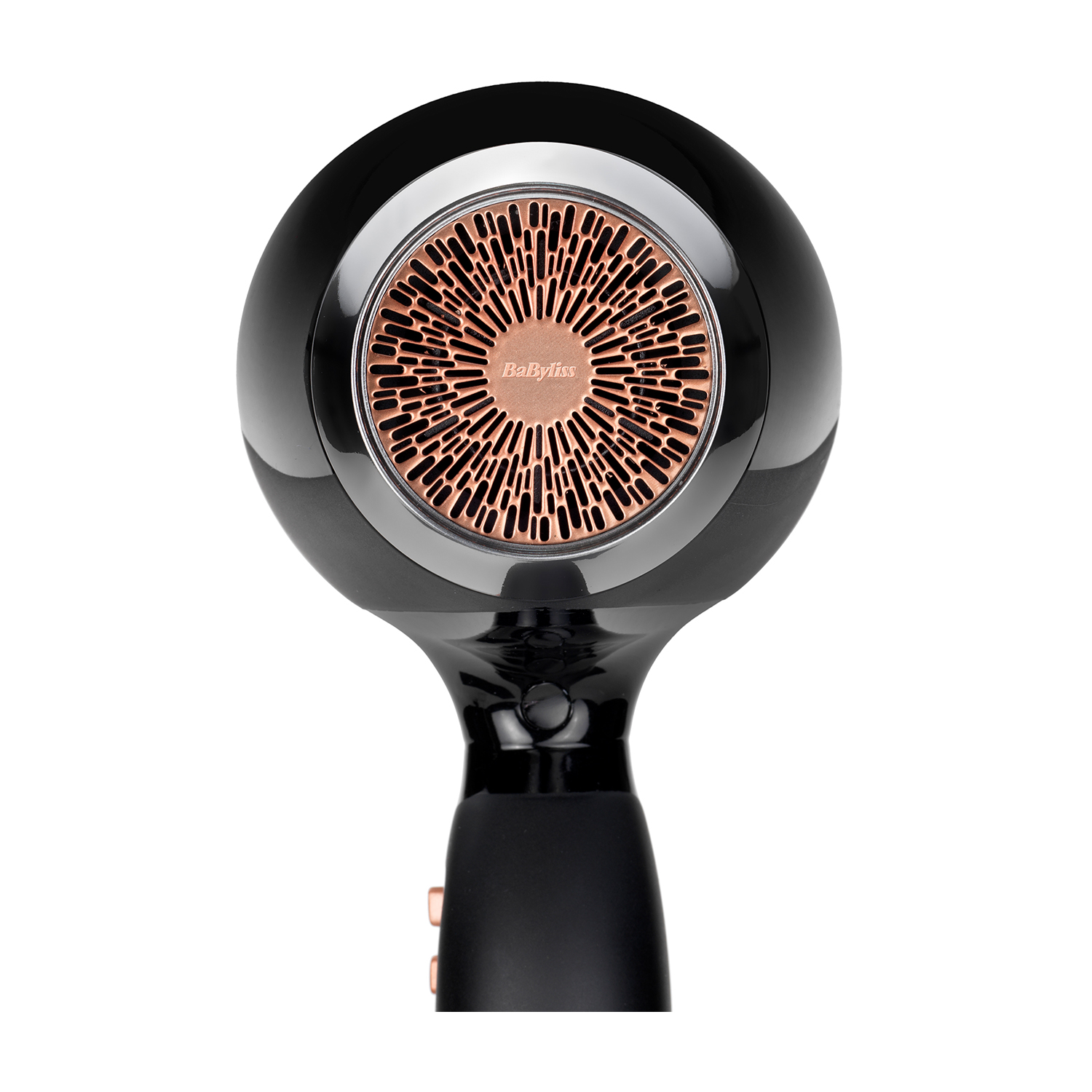 Asciugacapelli nero e bronzo su bianco. L'ugello ha un design circolare con dettagli bronzo.