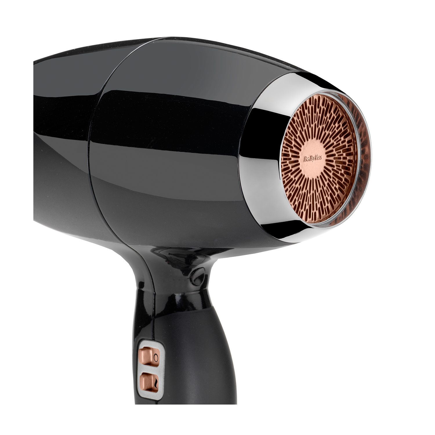 Asciugacapelli nero con dettagli oro rosa. Presenta una parte anteriore rotonda con un design a rete.