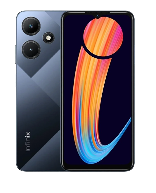 Mavi bir arka ve çift kameralı ve renkli bir ekranı olan bir telefon. Infinix markasıdır.