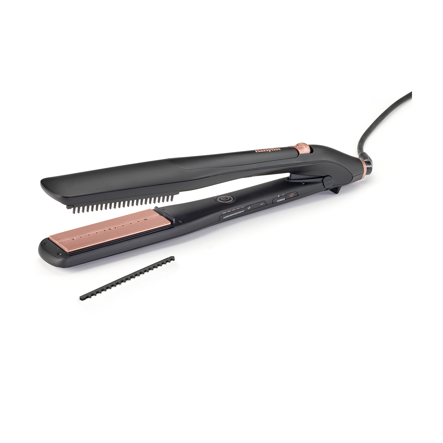 Piastra per capelli nera con dettagli oro rosa e un pettine staccabile su sfondo bianco.
