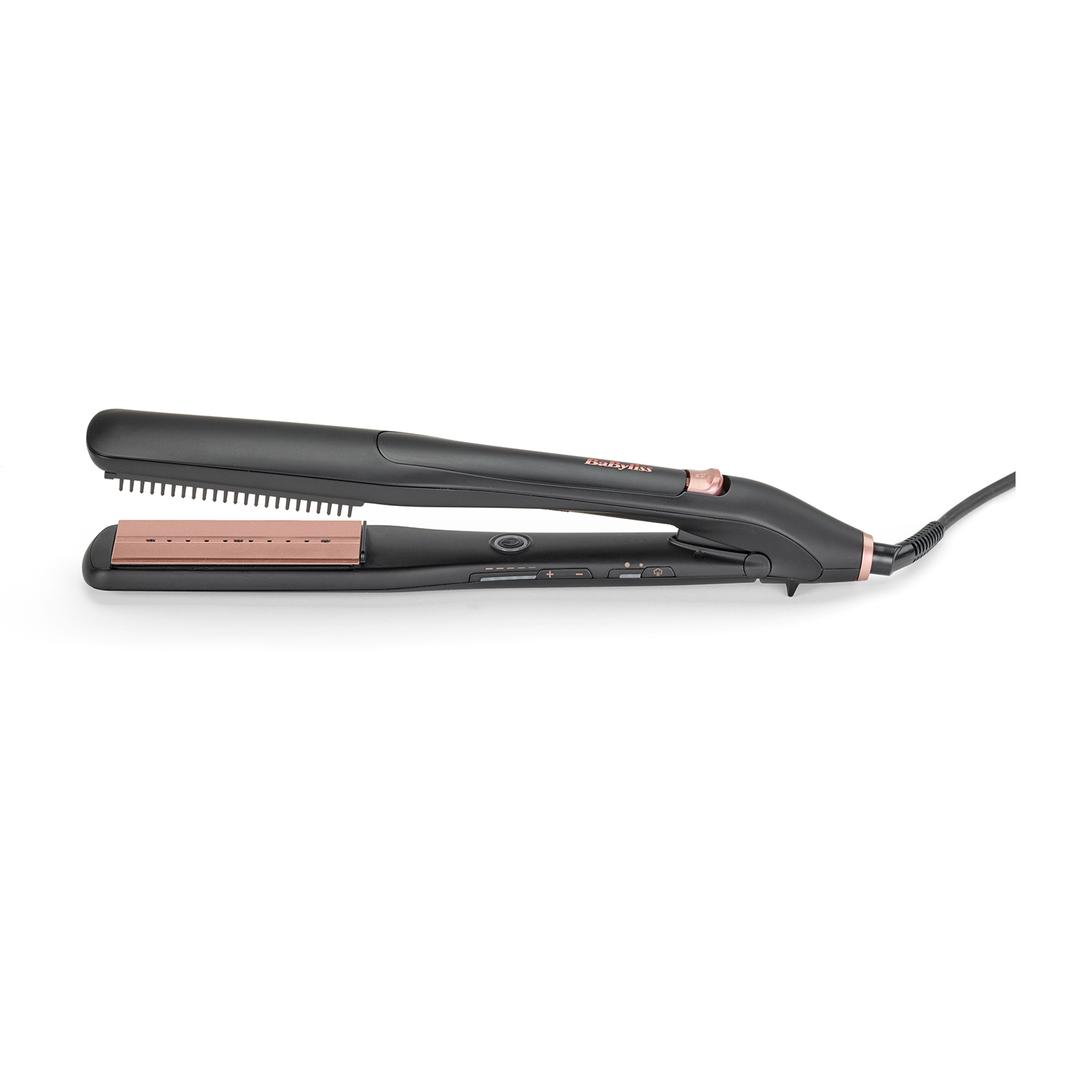 Piastra per capelli nera e oro rosa, su sfondo bianco. Aperta e pronta all'uso.