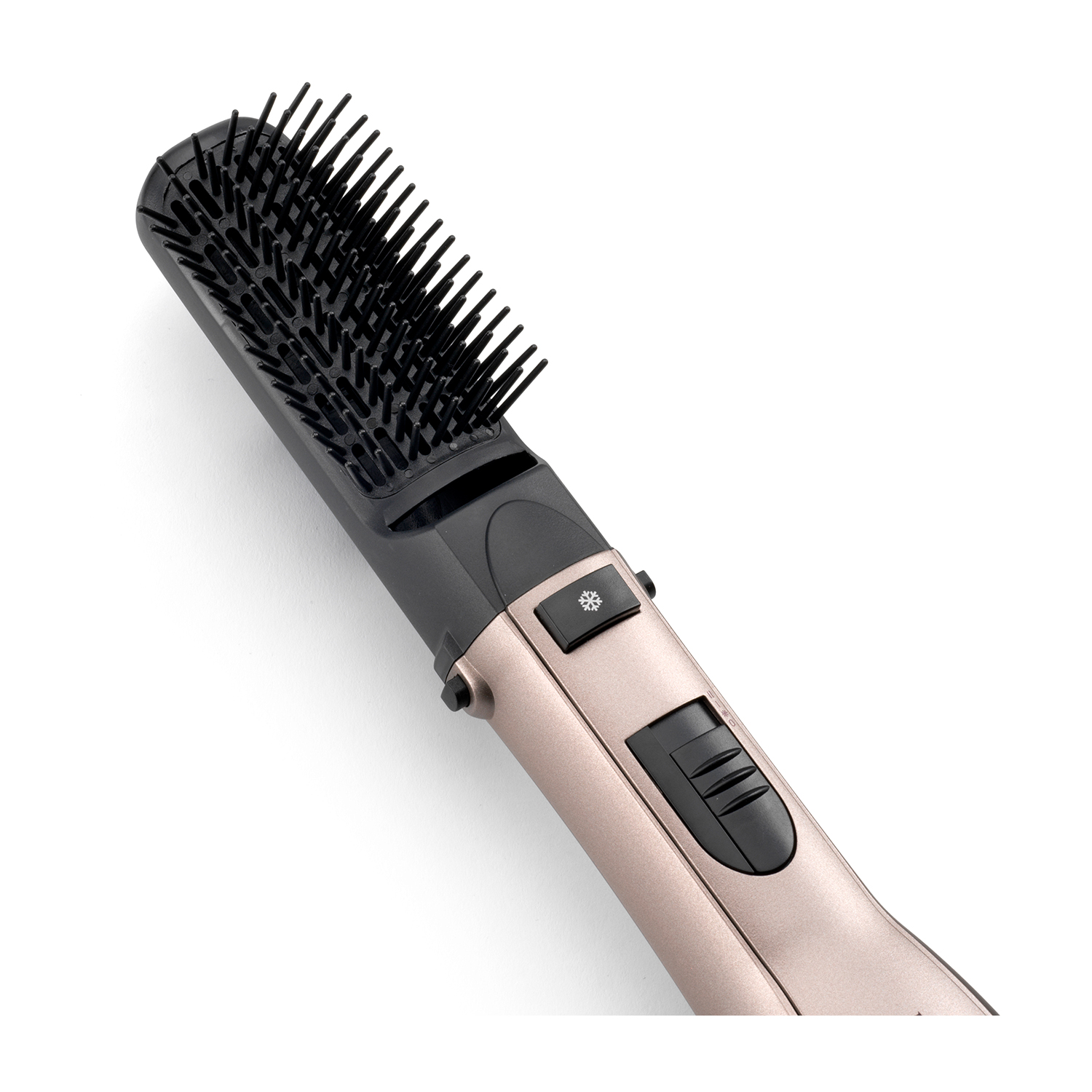 Una spazzola per capelli con setole nere e un manico color oro rosa.
