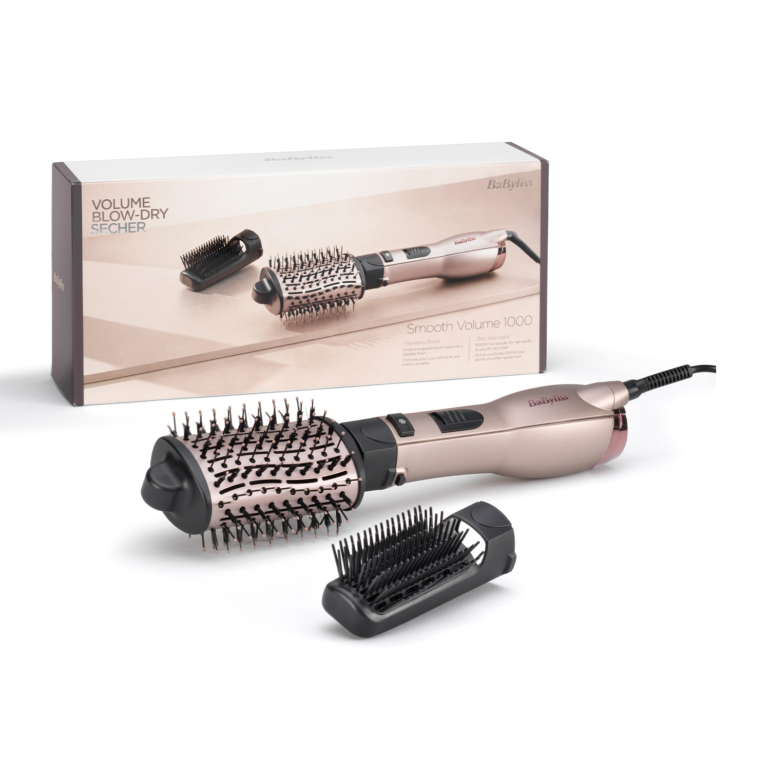 Vengono mostrati un asciugacapelli Babyliss, accessori per spazzole e la scatola. L'asciugacapelli è dorato.