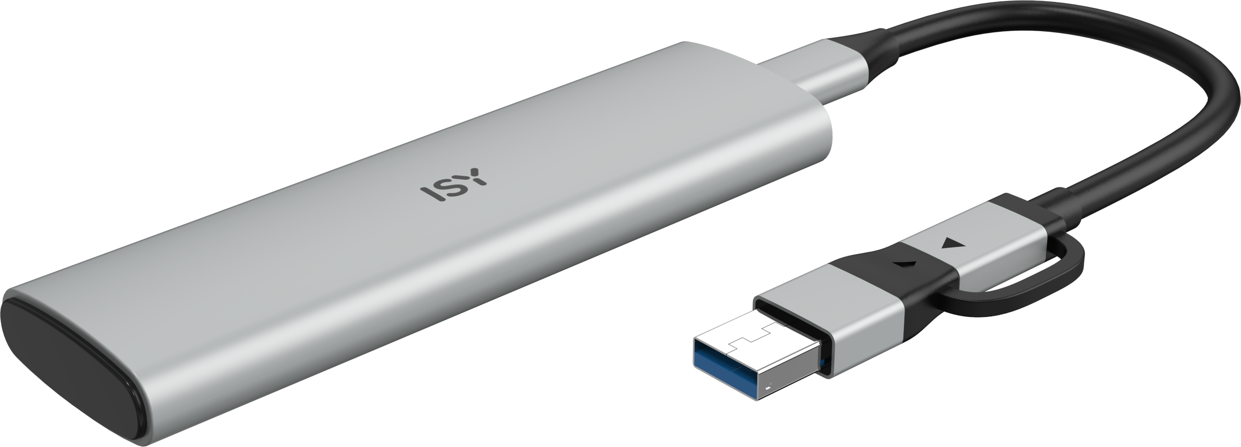 Ein silberner USB-C-zu-USB-A-Adapter mit schwarzem Kabel. Die Marke ISY ist sichtbar.