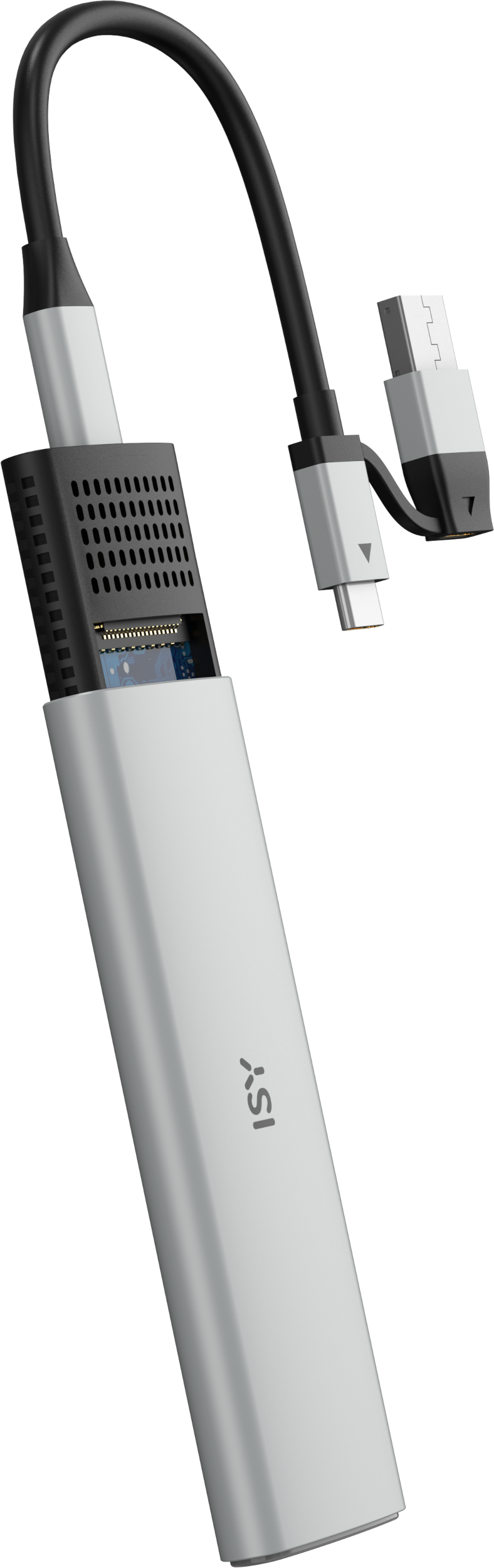 Silberner und schwarzer Adapter mit mehreren Anschlüssen. Ein schwarzes Kabel verbindet das Hauptgehäuse mit USB-A und USB-C.
