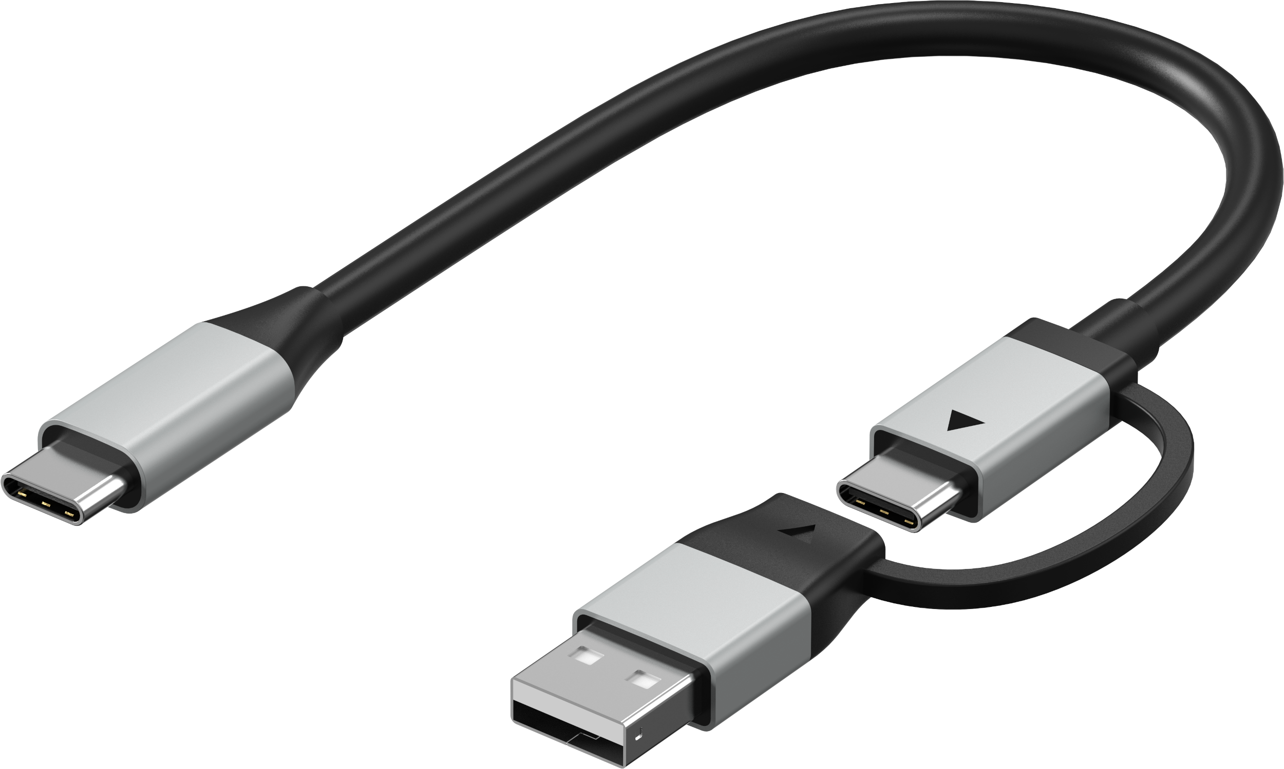 Schwarzes und silbernes USB-C-Kabel zum Laden und zur Datenübertragung.