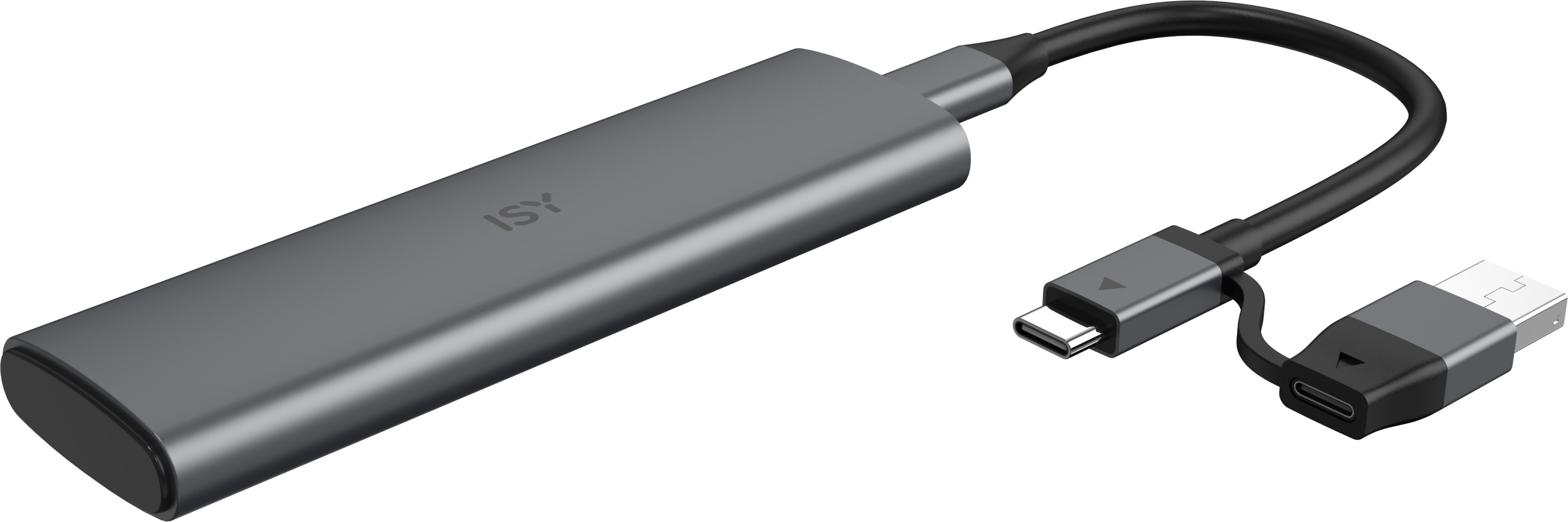 Grauer Adapter mit schwarzem Kabel und Anschlüssen.