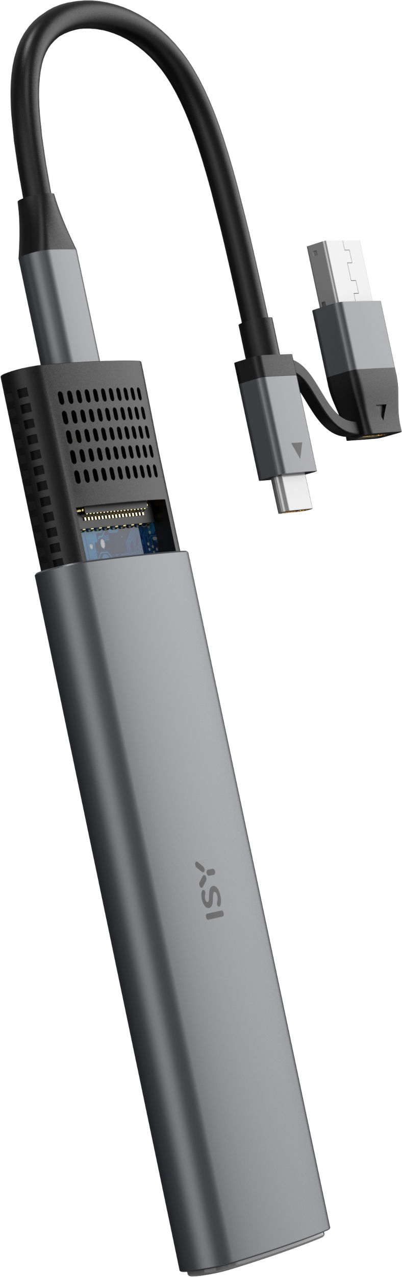 Grauer ISY-Adapter mit USB- und USB-C-Anschlüssen. Ein schwarzes Kabel verbindet Adapter und Anschlüsse.