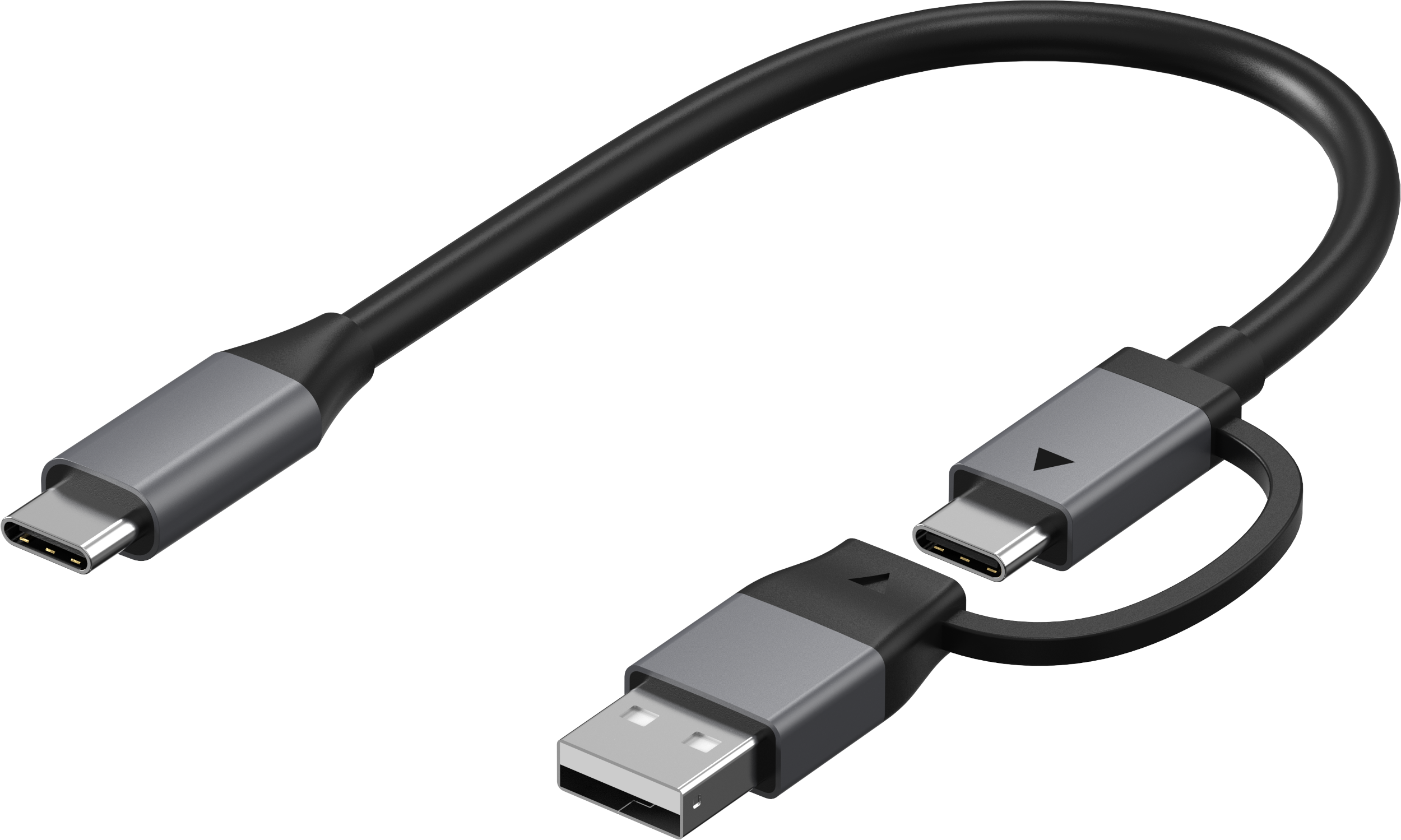 USB- und USB-C-Kabel. Das Kabel hat einen USB-A-Anschluss und einen USB-C-Anschluss, in Grau und Schwarz.