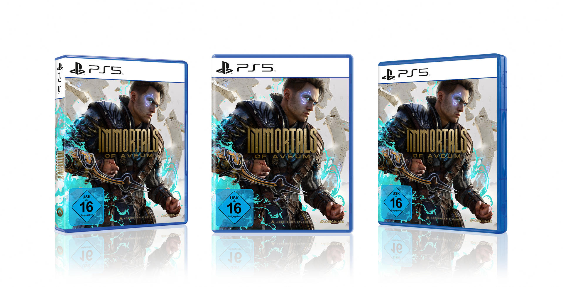 Spielverpackungen für „Immortals of Aveum“ auf PS5. Blaue Hüllen mit Spielgrafik.