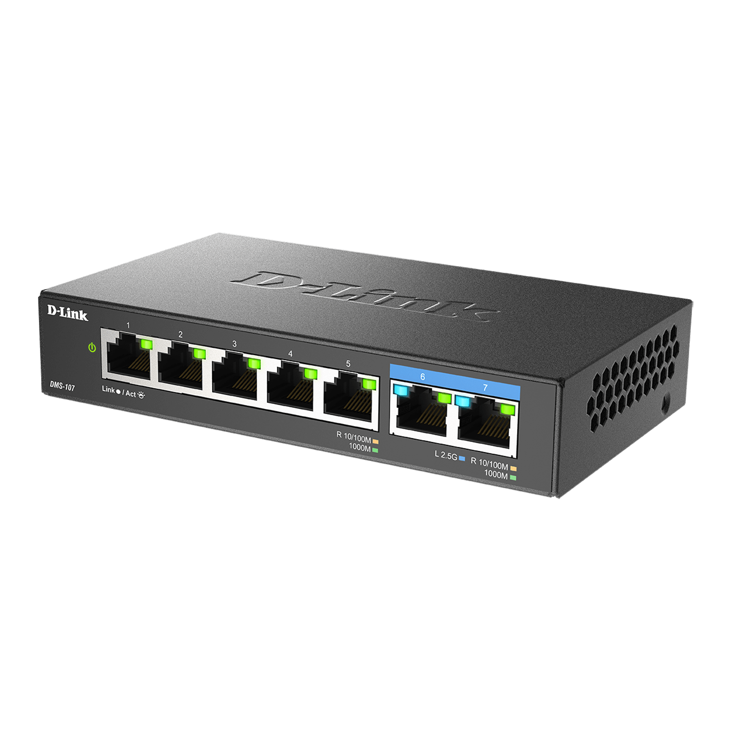 Un switch de red D-Link negro con siete puertos. Los puertos están etiquetados y numerados.