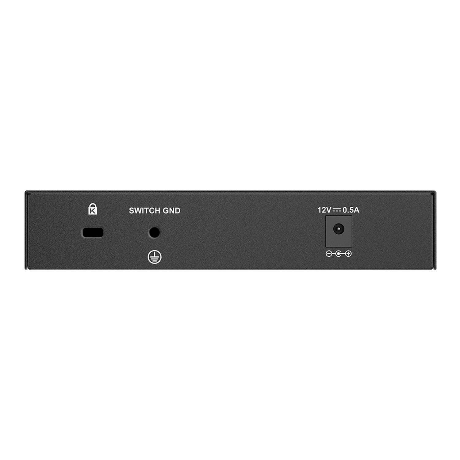 Panel trasero de un switch de red negro: un candado, toma de tierra y puerto de alimentación.