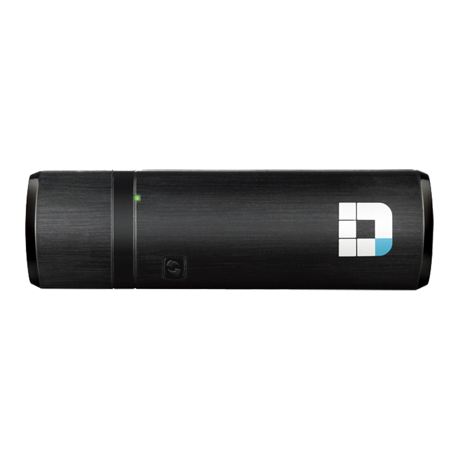 Dispositivo cilíndrico negro con botón de encendido y logo.