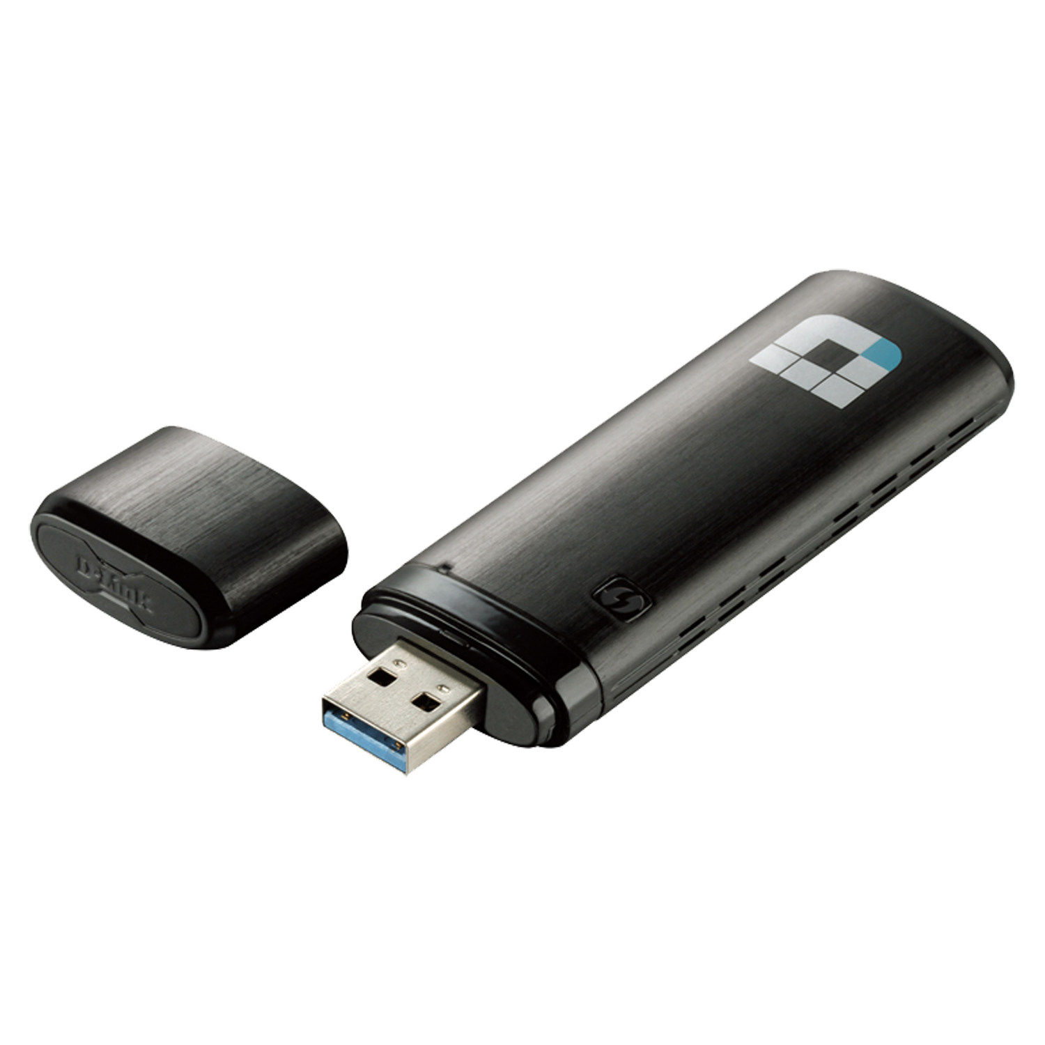 Un adaptador wifi USB negro con su tapa quitada, sobre un fondo negro.