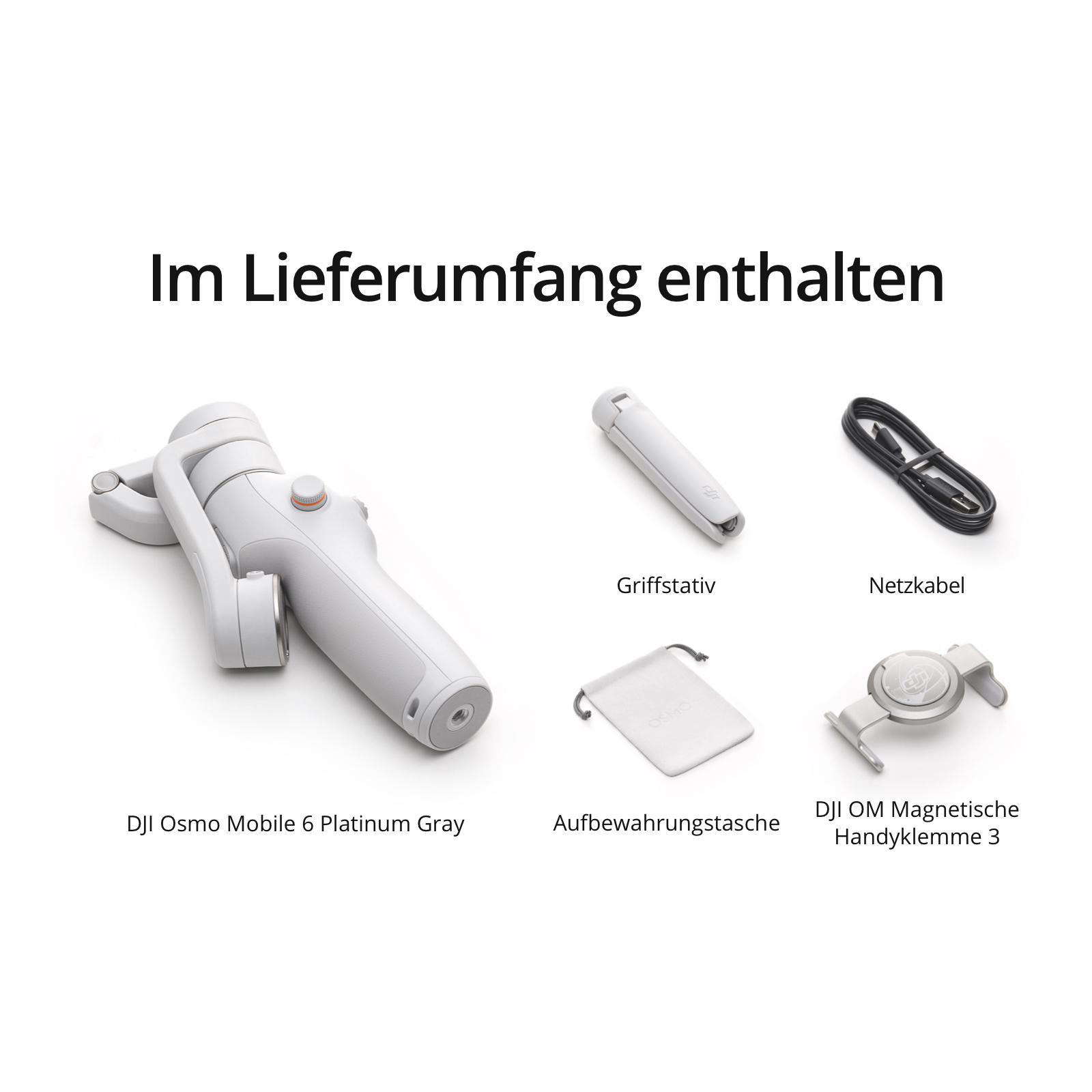 Enthaltene Artikel: Weißes Gimbal, Griff, Beutel, Ladekabel und Klemme.