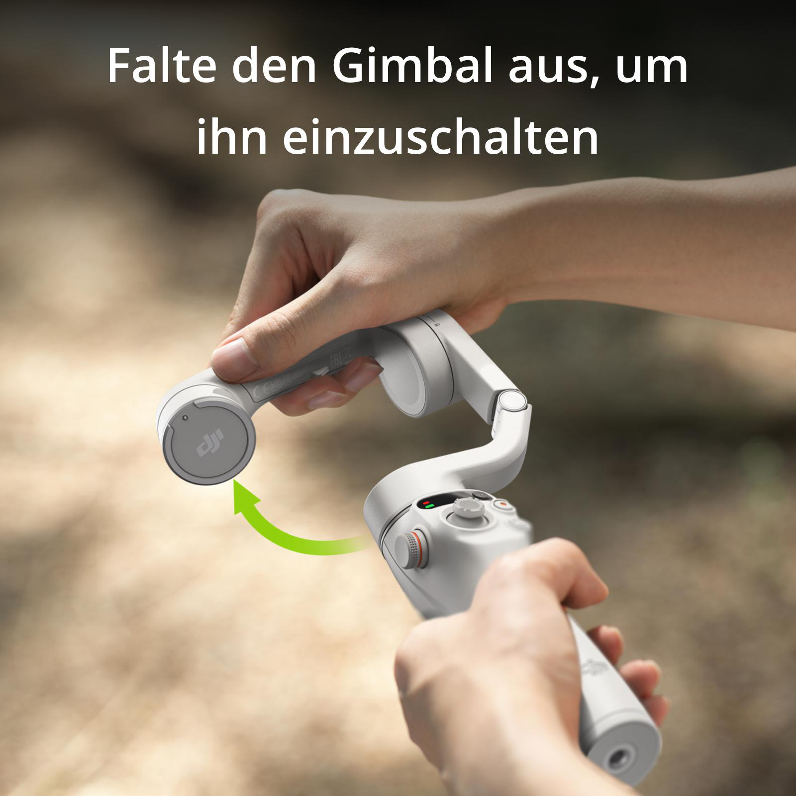 Hände halten ein weißes Gimbal-Gerät und entfalten es. Text: Falten Sie das Gimbal, um es einzuschalten.