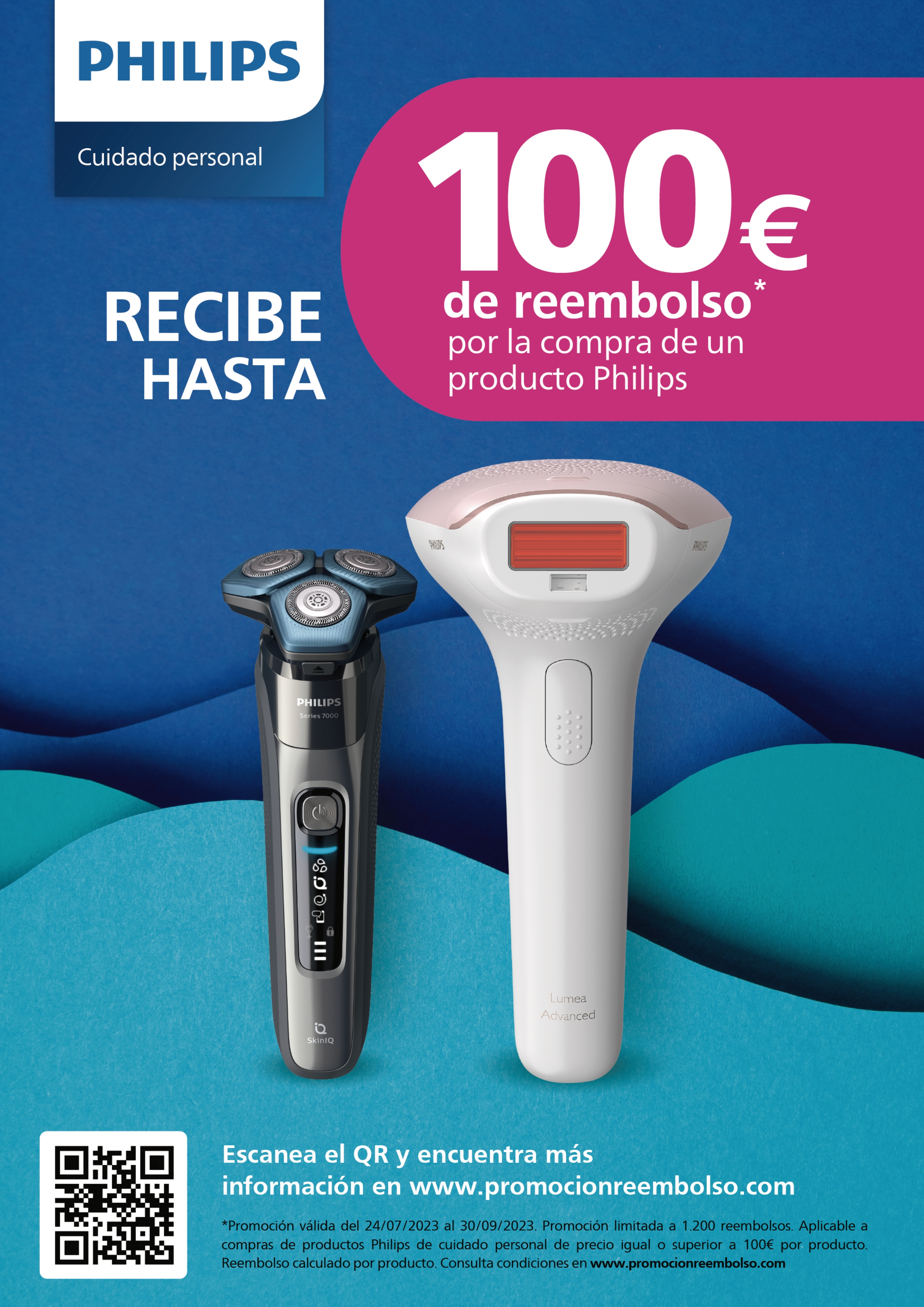 Anuncio de productos Philips con afeitadora y depiladora, y oferta de reembolso.