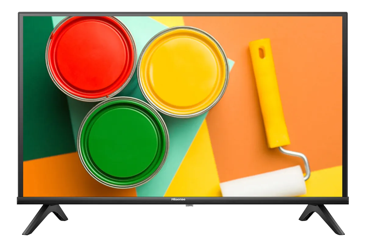 Ein Hisense-Fernseher zeigt drei Farbdosen und eine Farbwalze. Der Hintergrund ist bunt abstrakt.